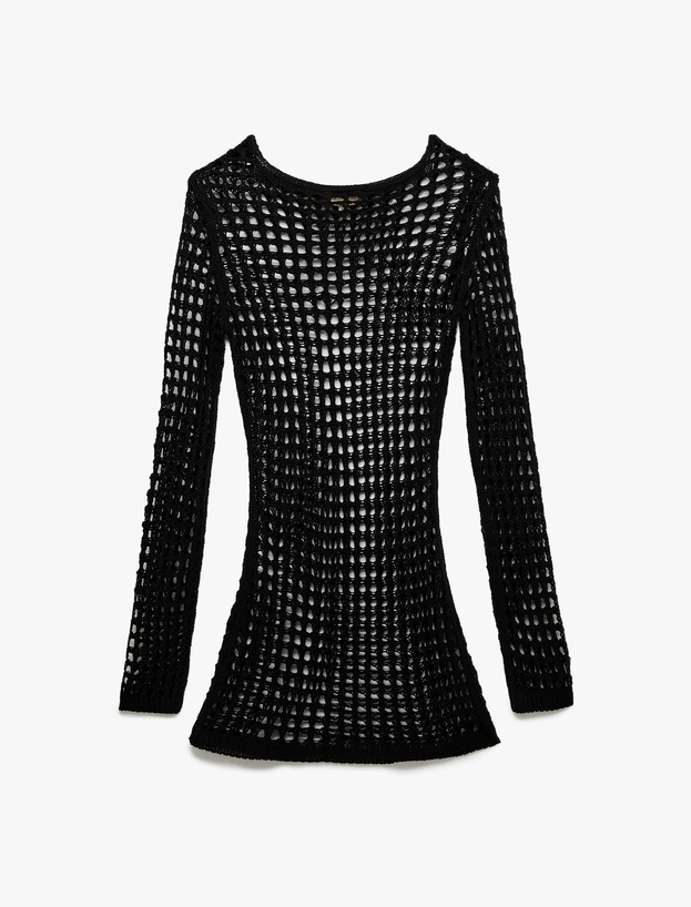 Slim Fit Uzun Kollu Bisiklet Yaka Mini Kroşe File Plaj Elbisesi_3