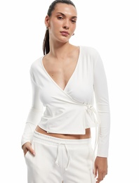 Kruvaze Yaka Bağlama Detaylı Uzun Kollu Slim Fit Spor Tişört