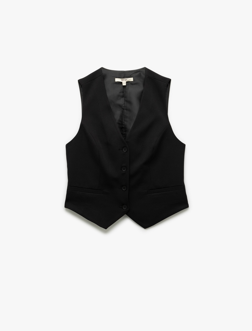   Astarlı Kolsuz V Yaka Düğmeli Blazer Yelek