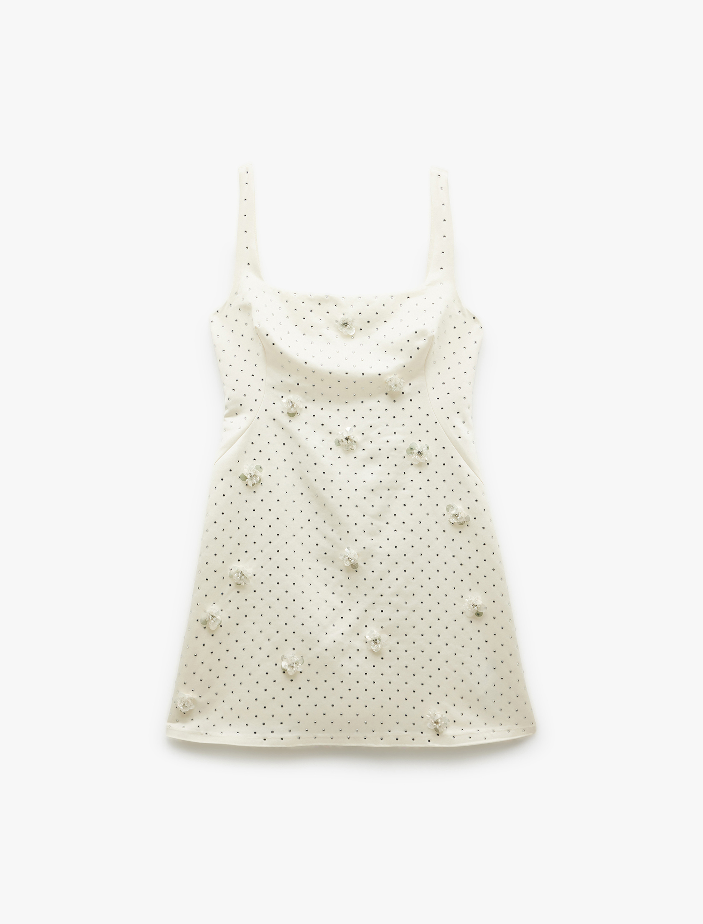   Kare Yaka Kolsuz Aplike Çiçek Detaylı Saten Dar Kesim Taşlı Mini Abiye Elbise