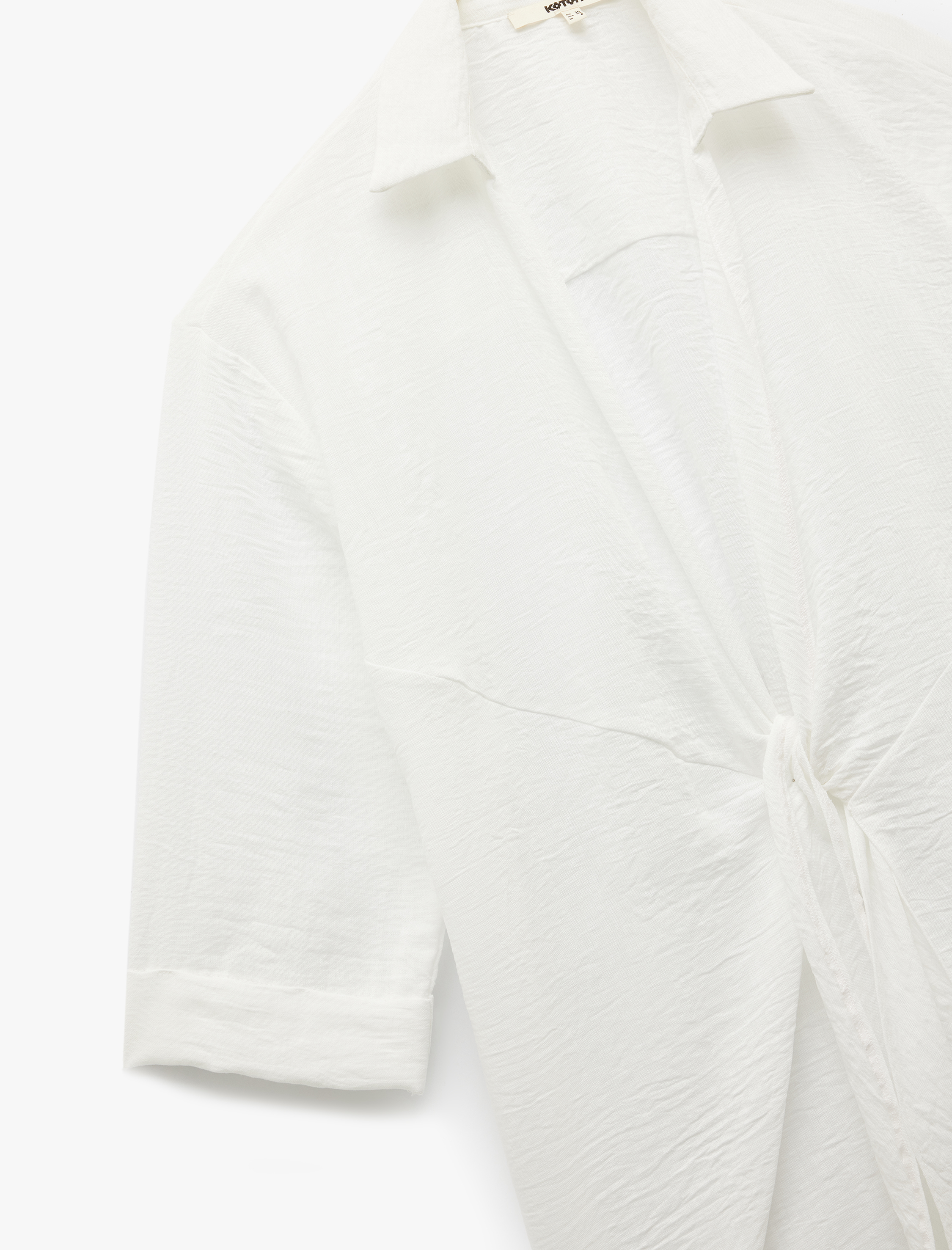   Keten Görünümlü Kısa Kollu Önden Bağlama Detaylı Gömlek Plaj Elbisesi