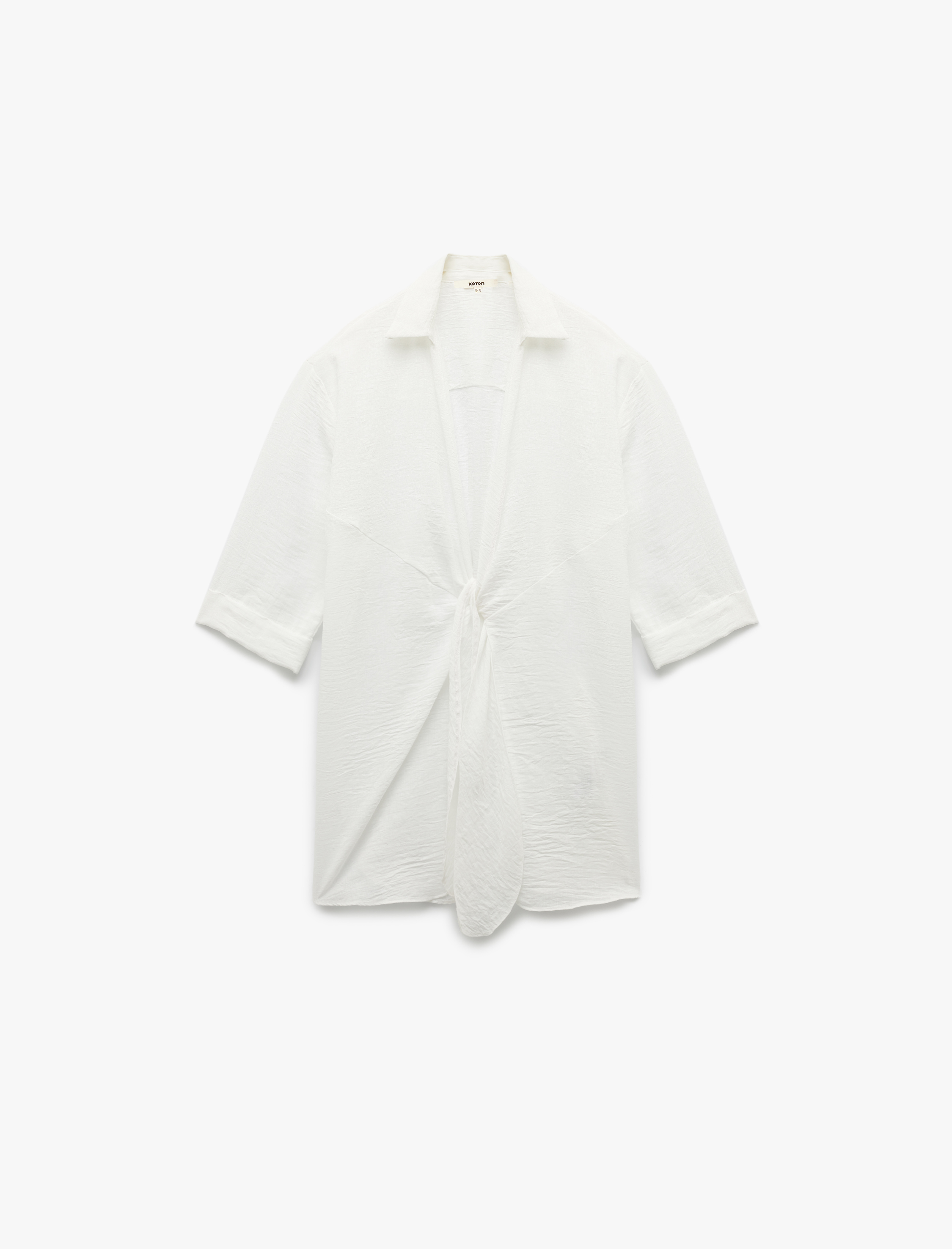   Keten Görünümlü Kısa Kollu Önden Bağlama Detaylı Gömlek Plaj Elbisesi