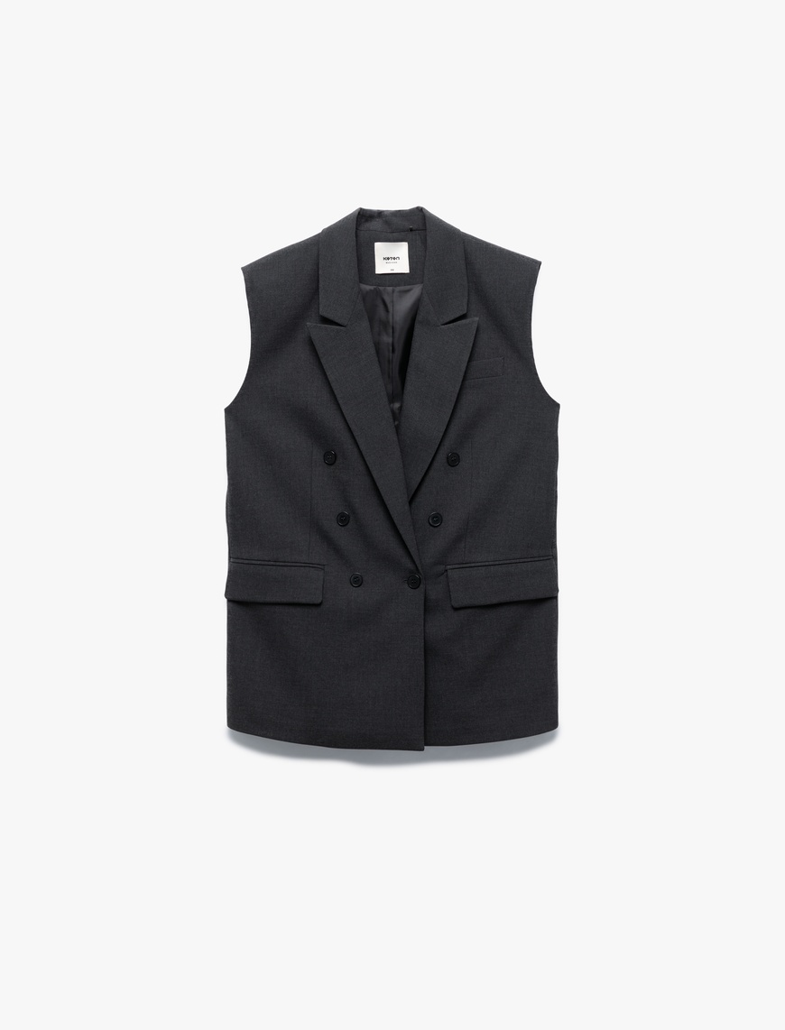   Astarlı Cepli Kruvaze Düğmeli Kolsuz Uzun Blazer Yelek