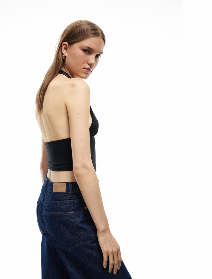  Slim Fit Sırt Dekolteli Crop Halter Yaka Büstiyer