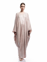 Rahat Kalıp Yarım Yarasa Kollu Parlak V Yaka Uzun Elbise