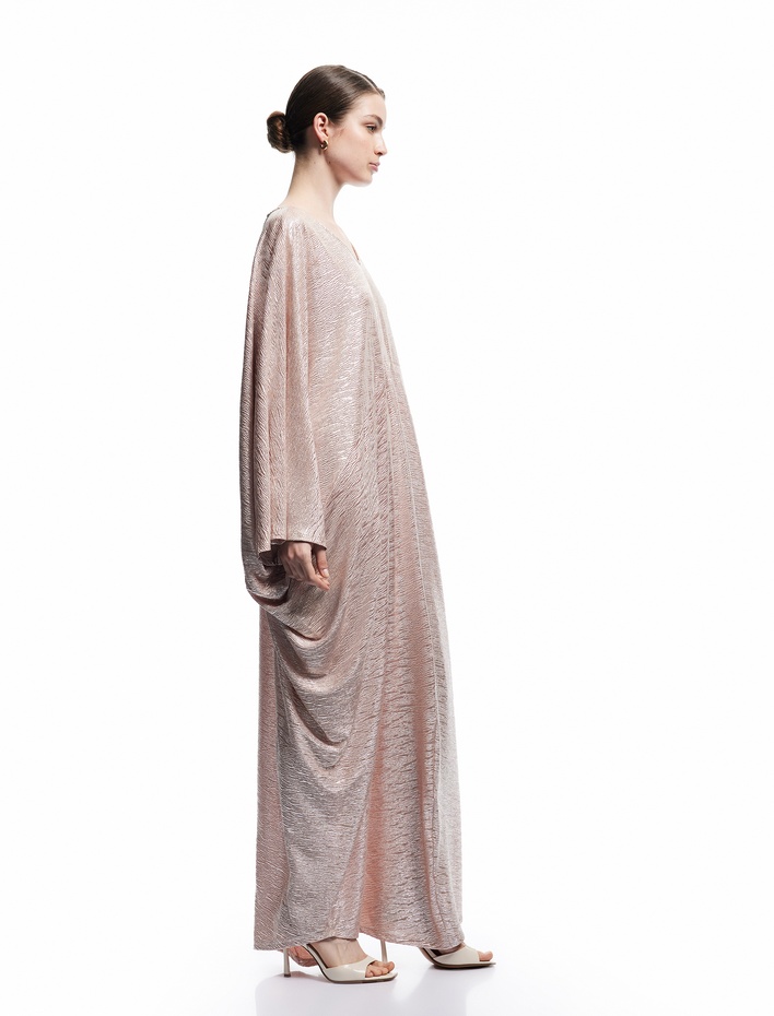  Rahat Kalıp Yarım Yarasa Kollu Parlak V Yaka Uzun Elbise