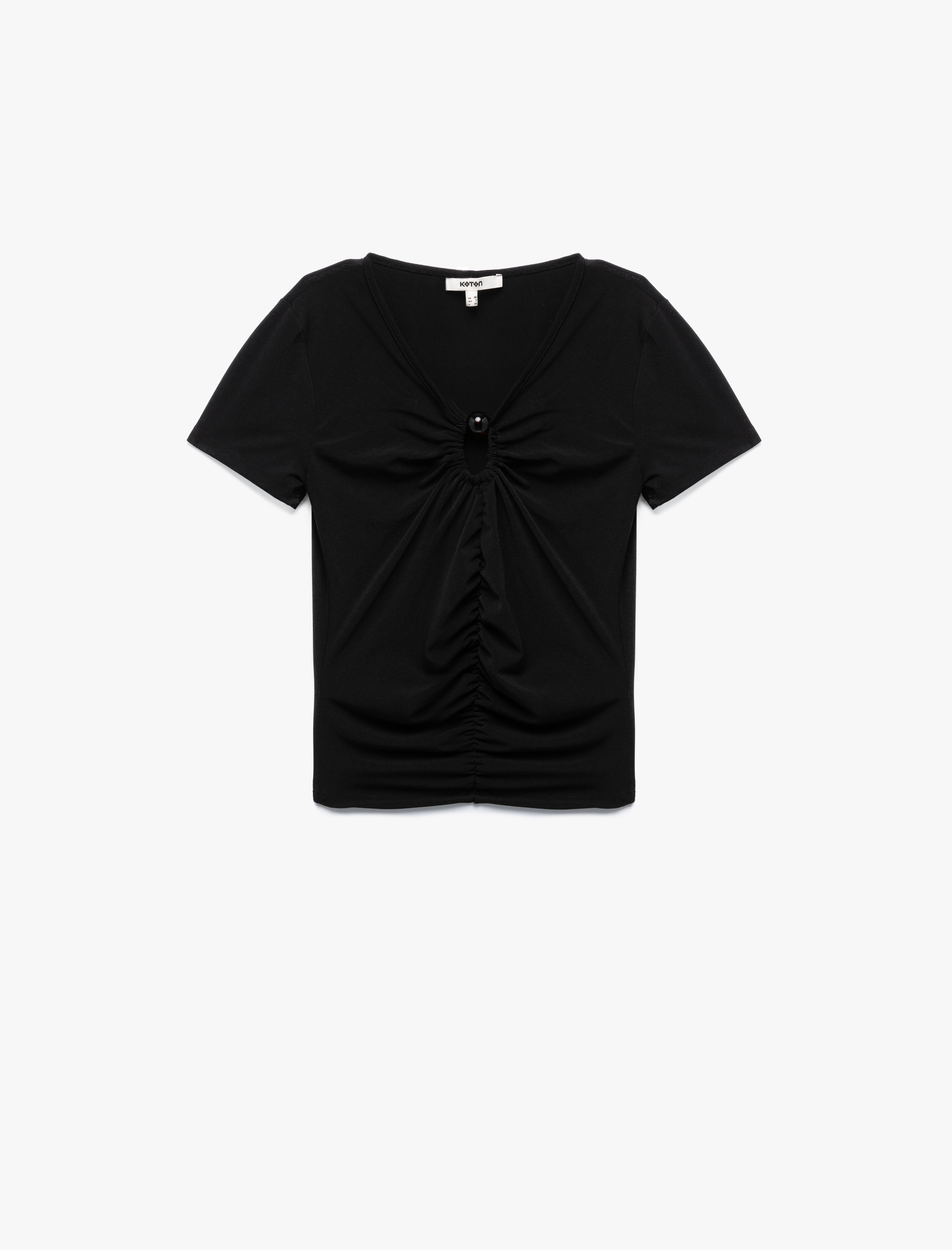   Drapeli Kısa Kollu Aksesuar Detaylı V Yaka Tişört