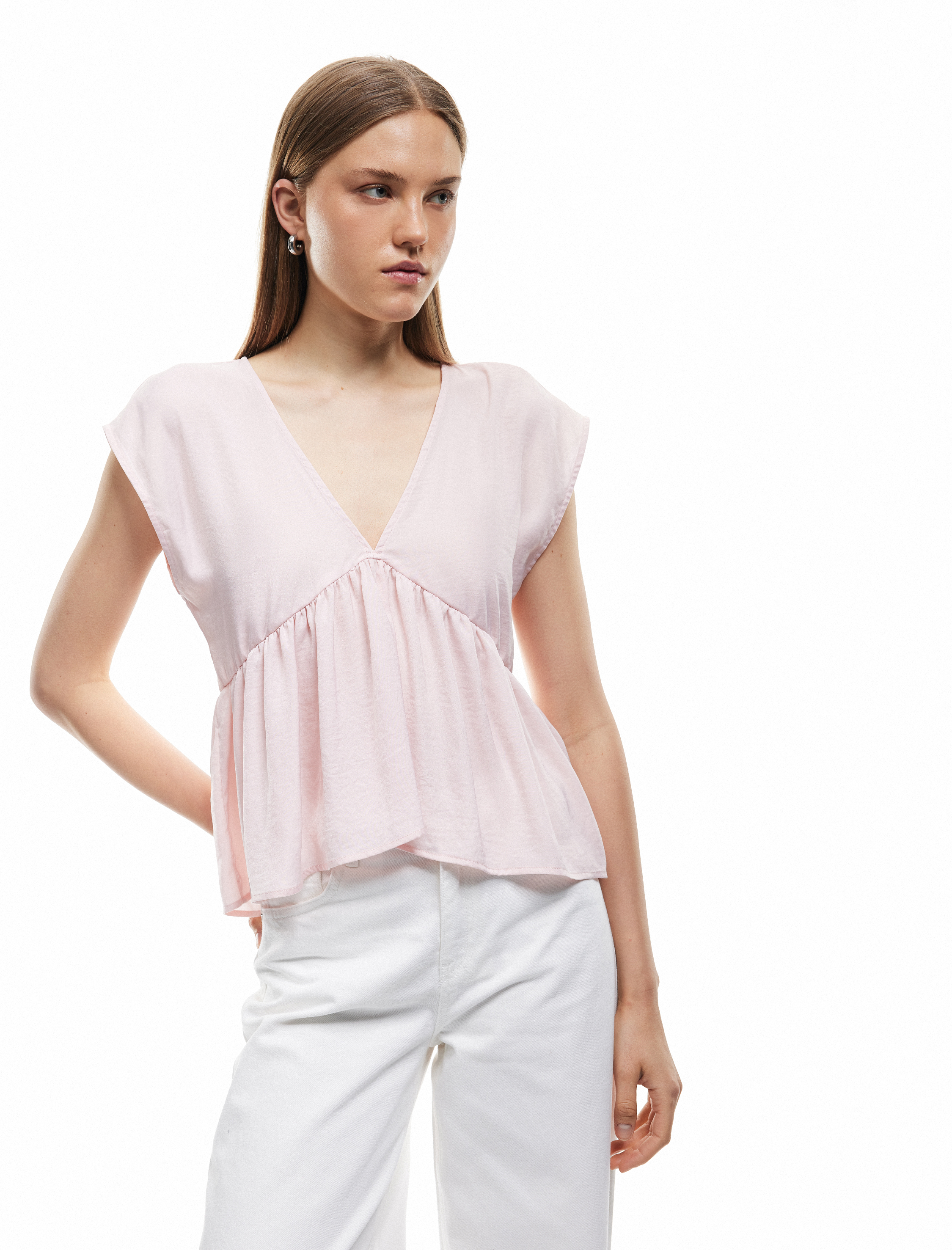   Aerobin Kumaş Pileli V Yaka Kolsuz Saten Bluz