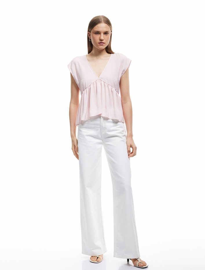  Aerobin Kumaş Pileli V Yaka Kolsuz Saten Bluz