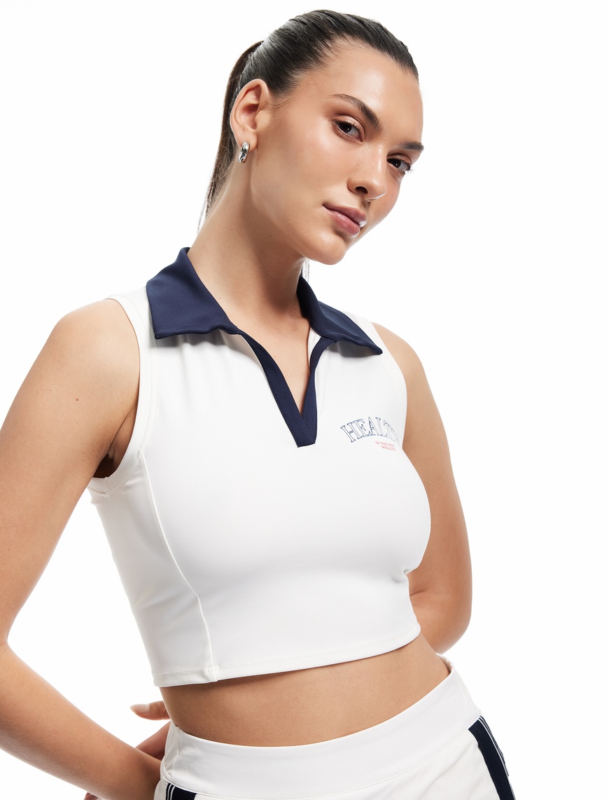   Slim Fit Polo Yaka Baskılı Kolsuz Crop Spor Atlet