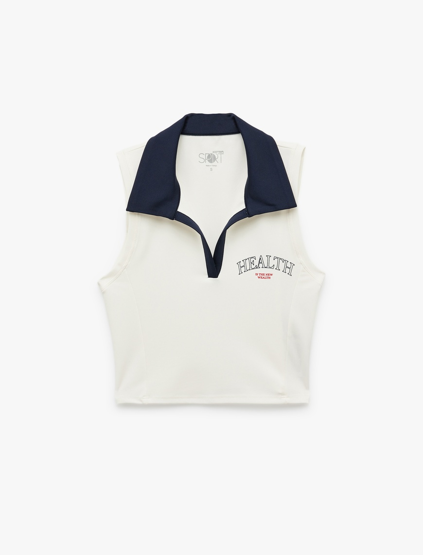   Slim Fit Polo Yaka Baskılı Kolsuz Crop Spor Atlet