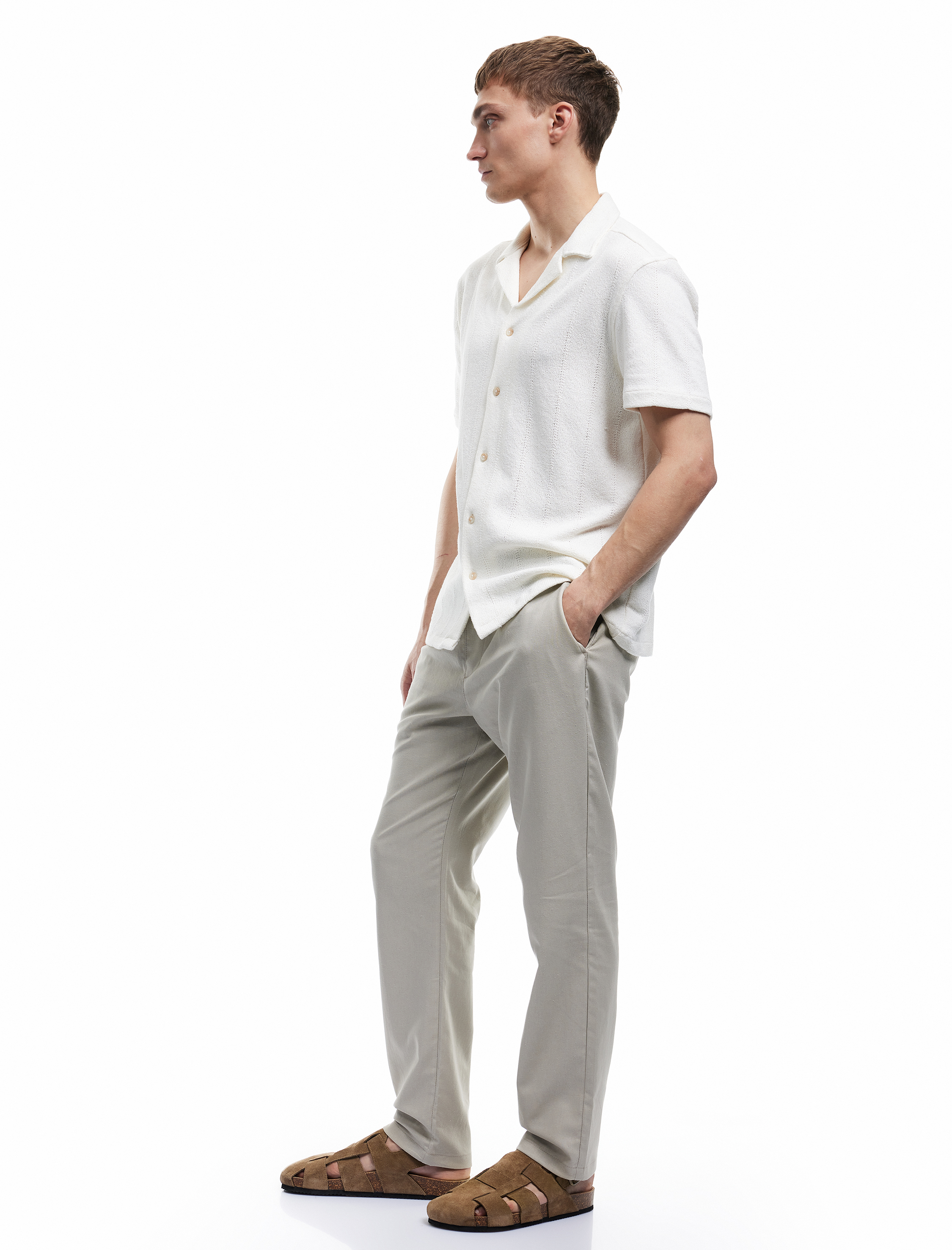   Beli Bağcıklı Cep Detaylı Keten Pamuk Karışımlı Pantolon