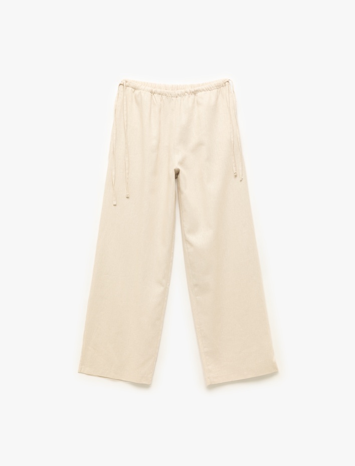  Beli Bağcıklı Keten Karışımlı Geniş Paça Pantolon