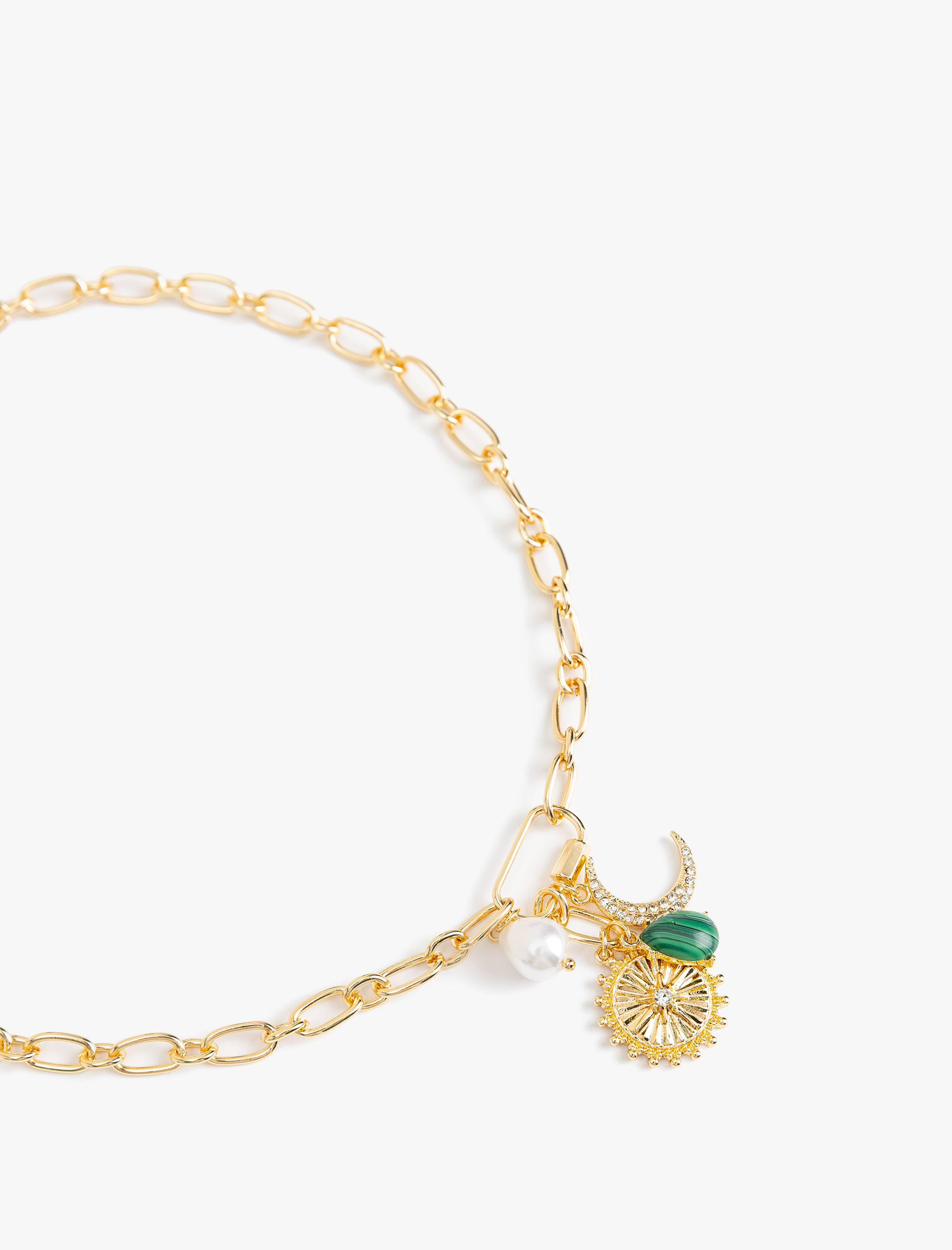  Kadın Taşlı İncili Charm Detaylı Zincir Kolye