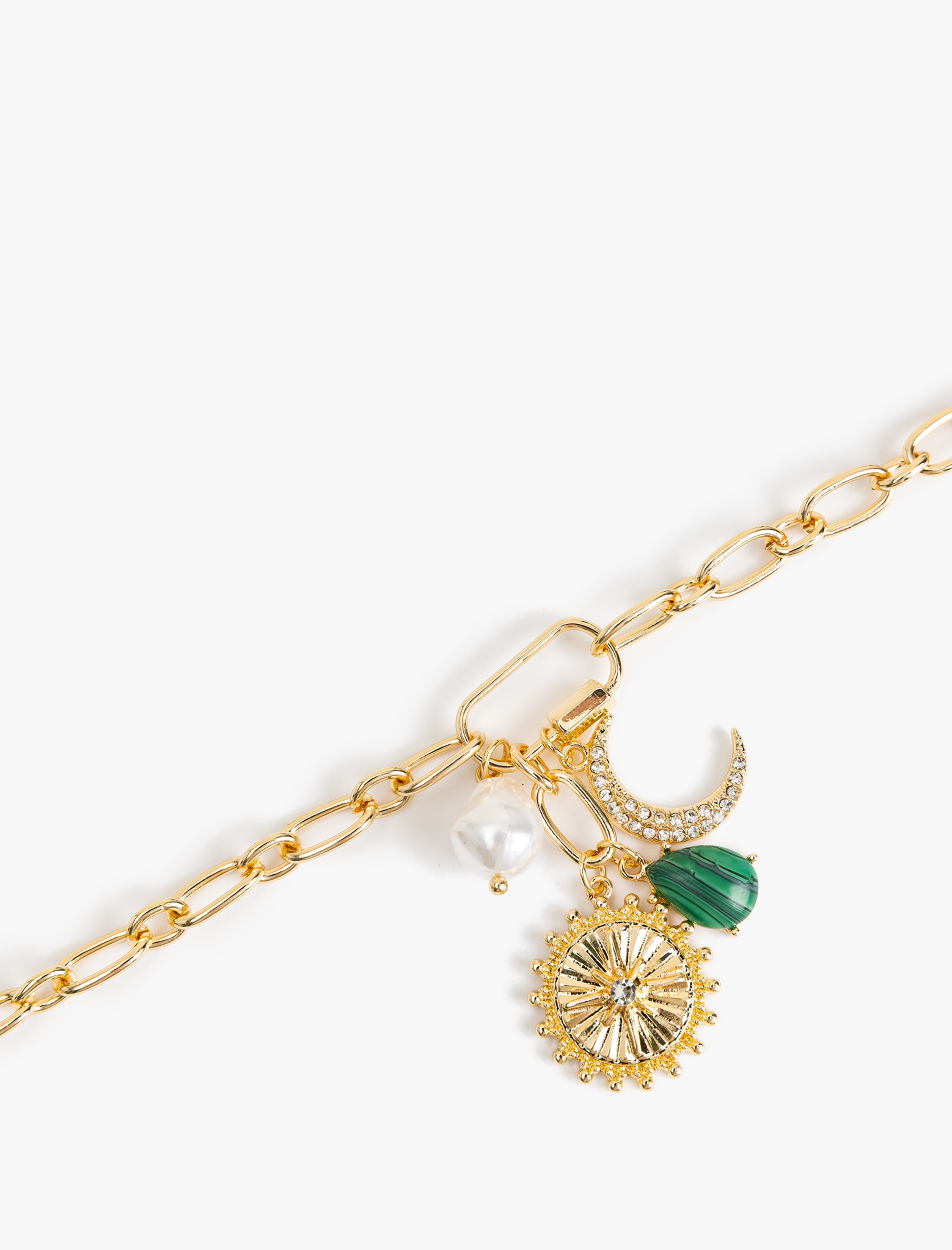  Kadın Taşlı İncili Charm Detaylı Zincir Kolye