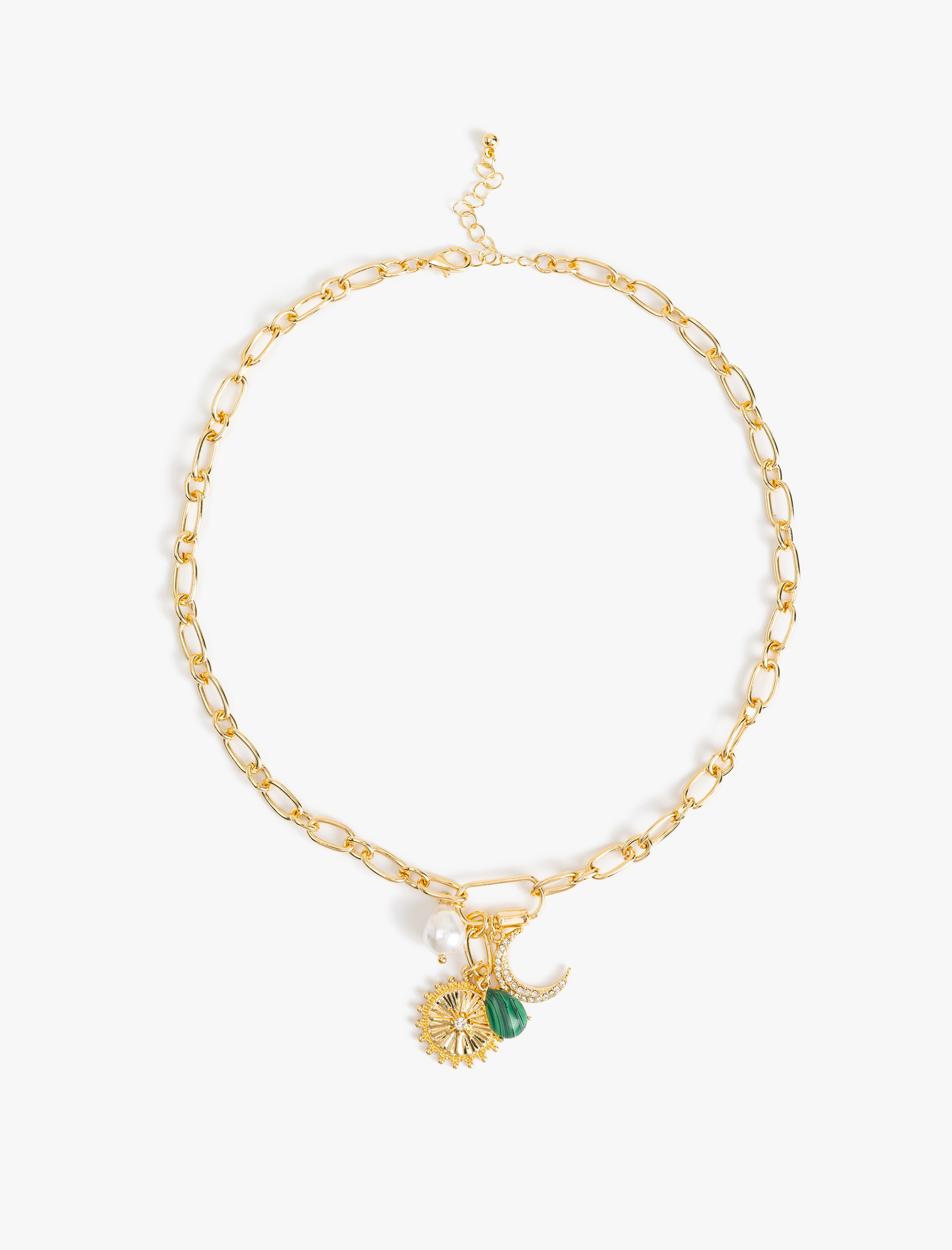  Kadın Taşlı İncili Charm Detaylı Zincir Kolye