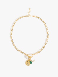 Taşlı İncili Charm Detaylı Zincir Kolye