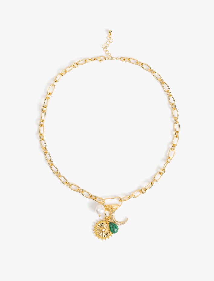 Kadın Taşlı İncili Charm Detaylı Zincir Kolye