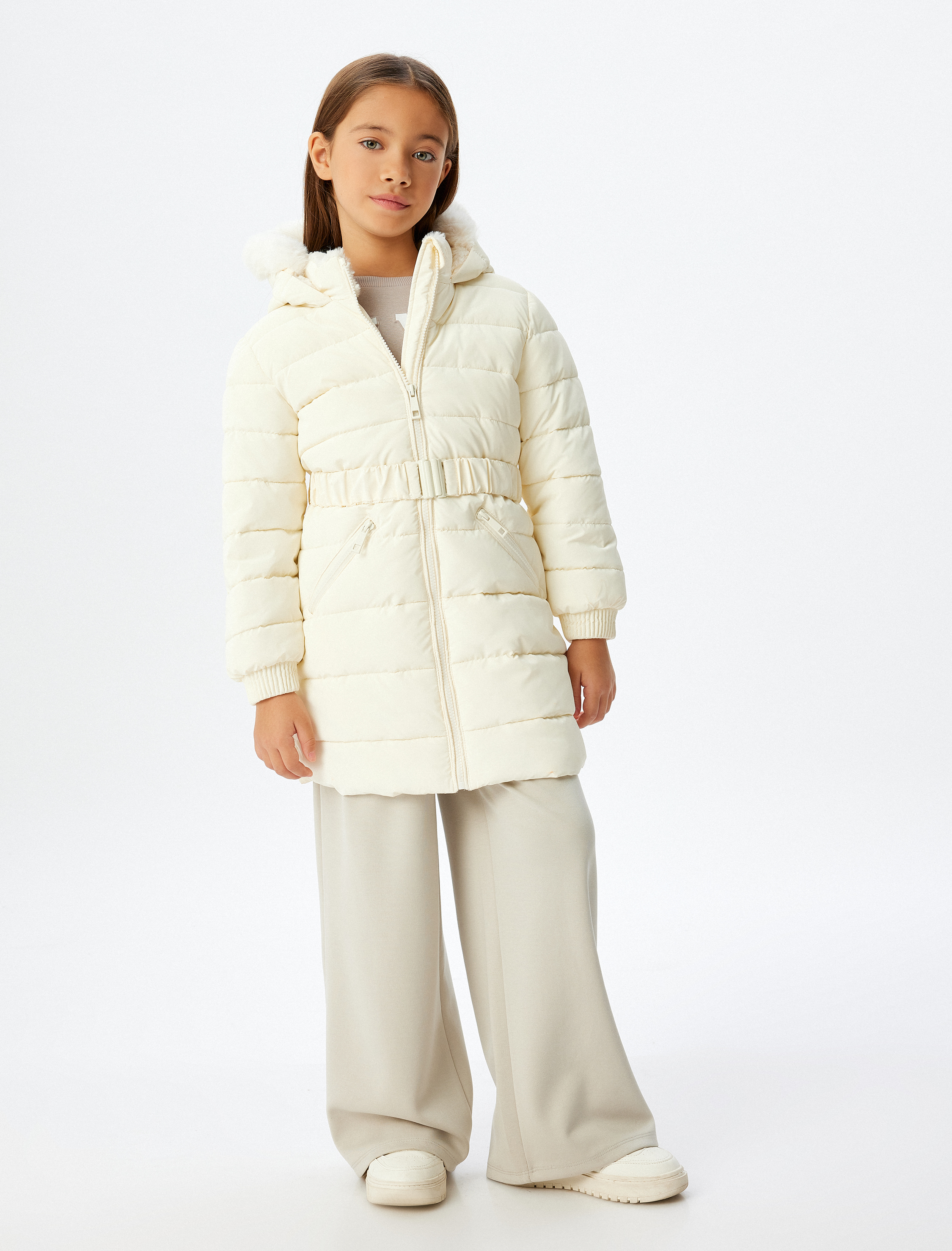  Kız Çocuk Uzun Şişme Kapşonlu Mont Kürk Detaylı Cepli Kemerli