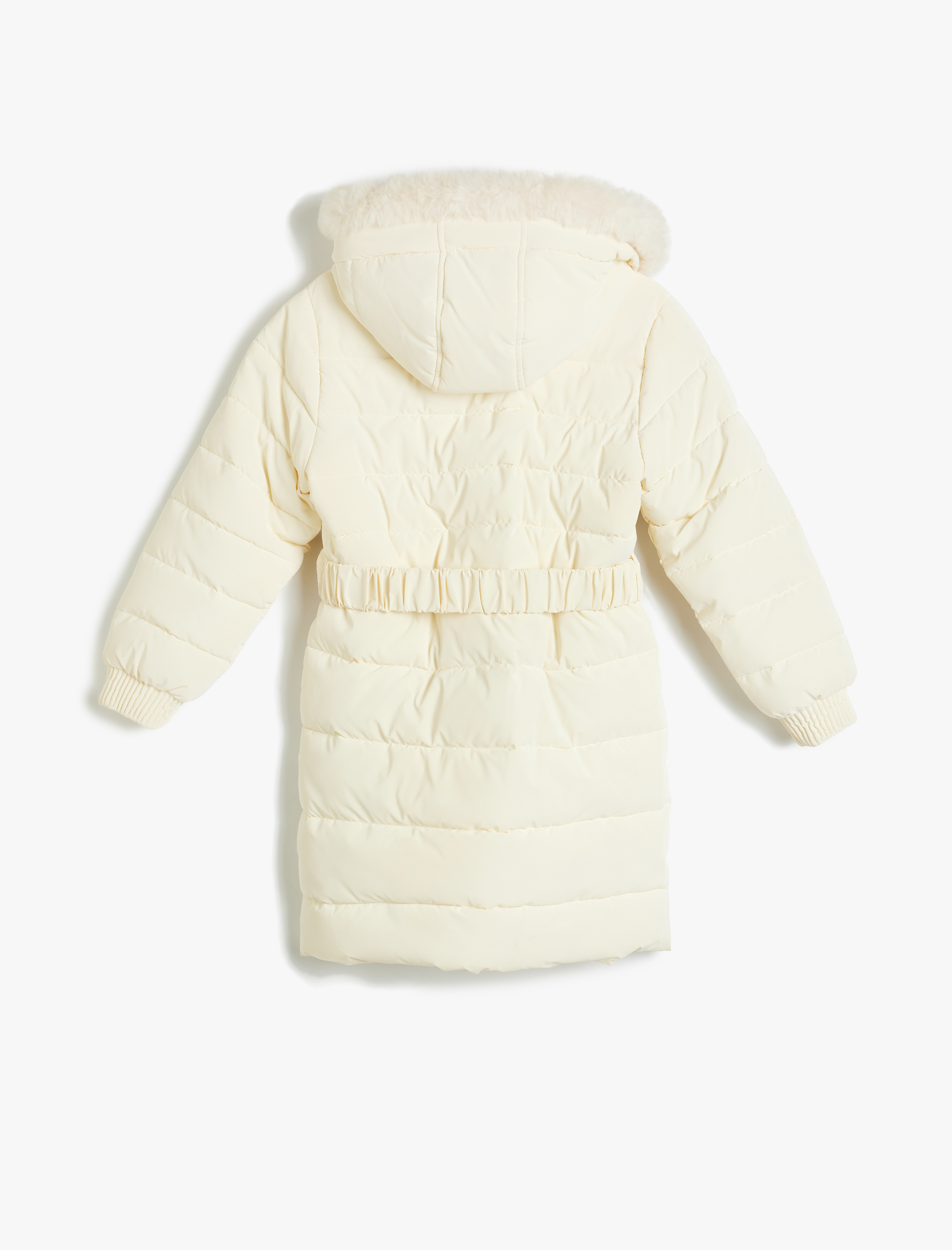  Kız Çocuk Uzun Şişme Kapşonlu Mont Kürk Detaylı Cepli Kemerli