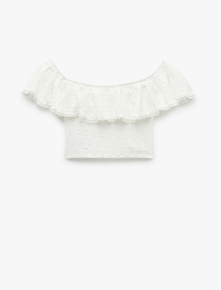   Kolsuz Astarlı Slim Fit Fistolu Brodeli Fırfırlı Omzu Açık Crop Bluz