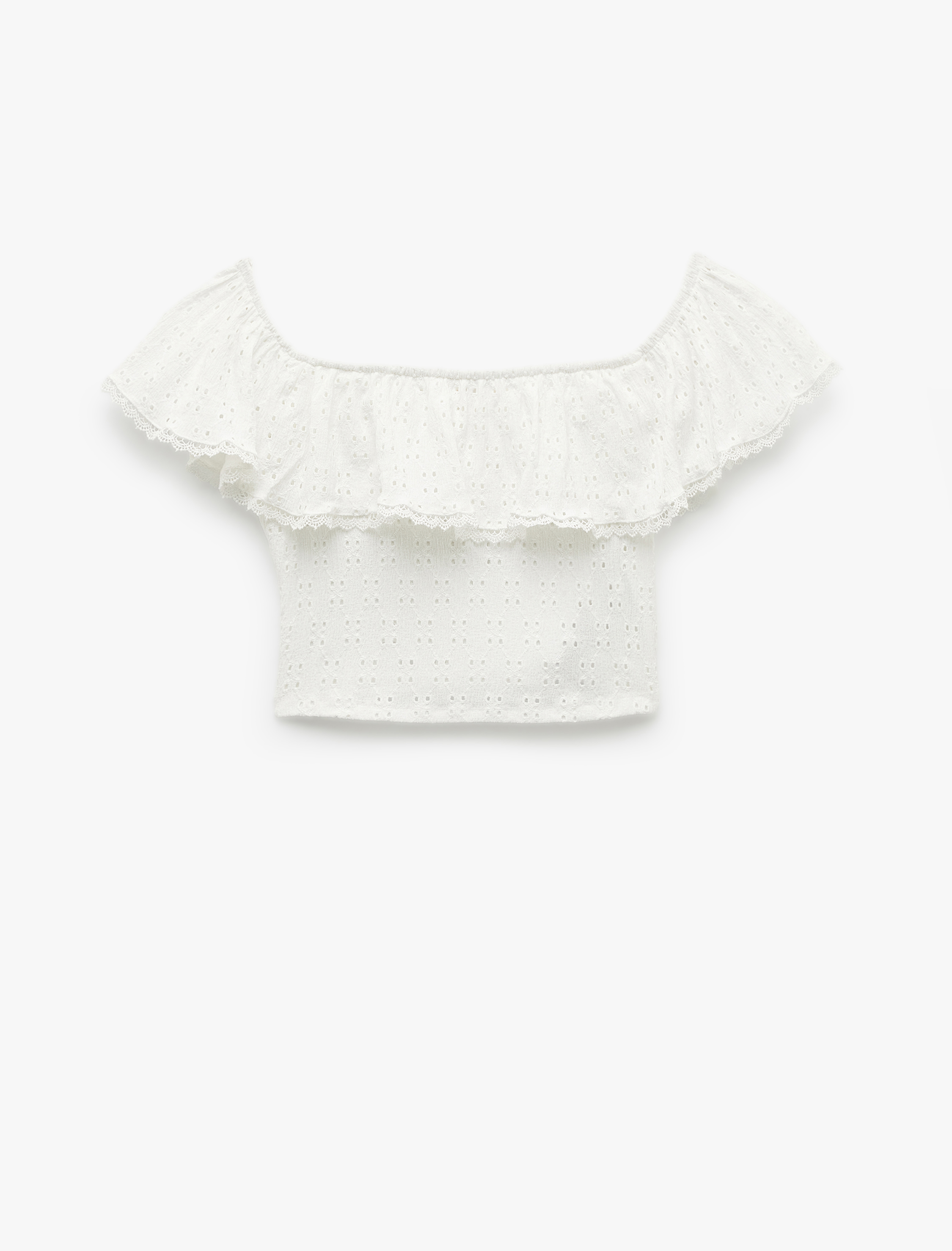   Kolsuz Astarlı Slim Fit Fistolu Brodeli Fırfırlı Omzu Açık Crop Bluz