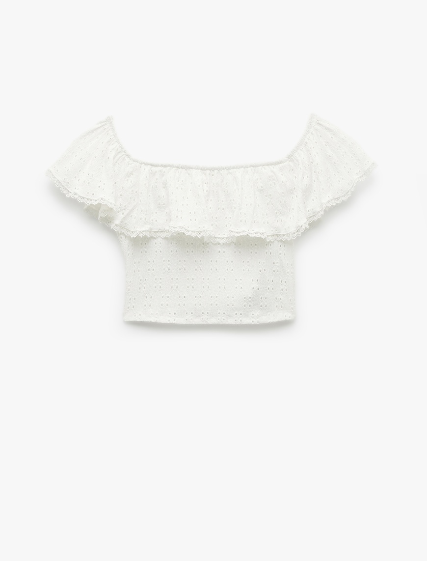   Kolsuz Astarlı Slim Fit Fistolu Brodeli Fırfırlı Omzu Açık Crop Bluz