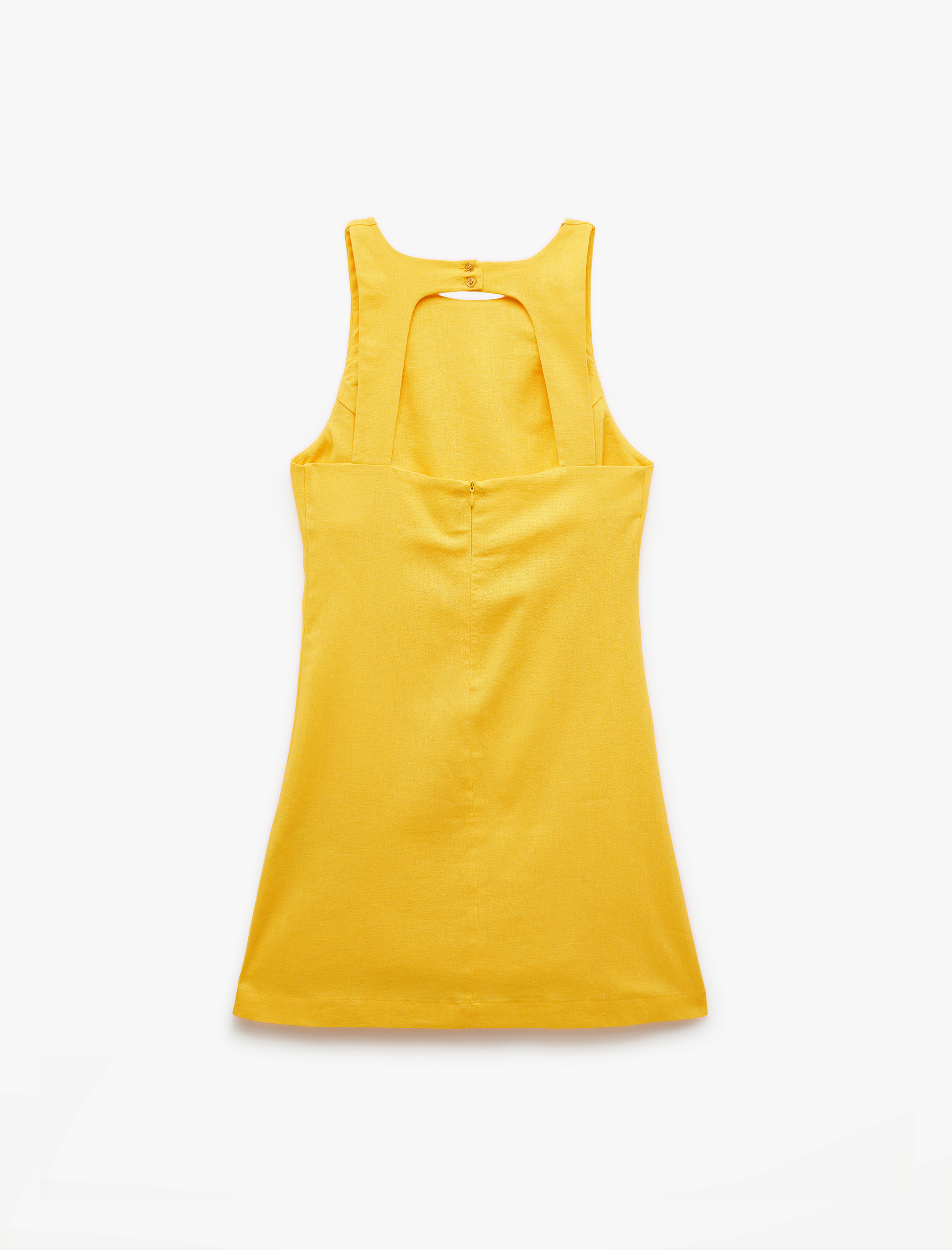 Arkası Pencere Detaylı Kolsuz Bisiklet Yaka A Kesim Mini Keten Elbise