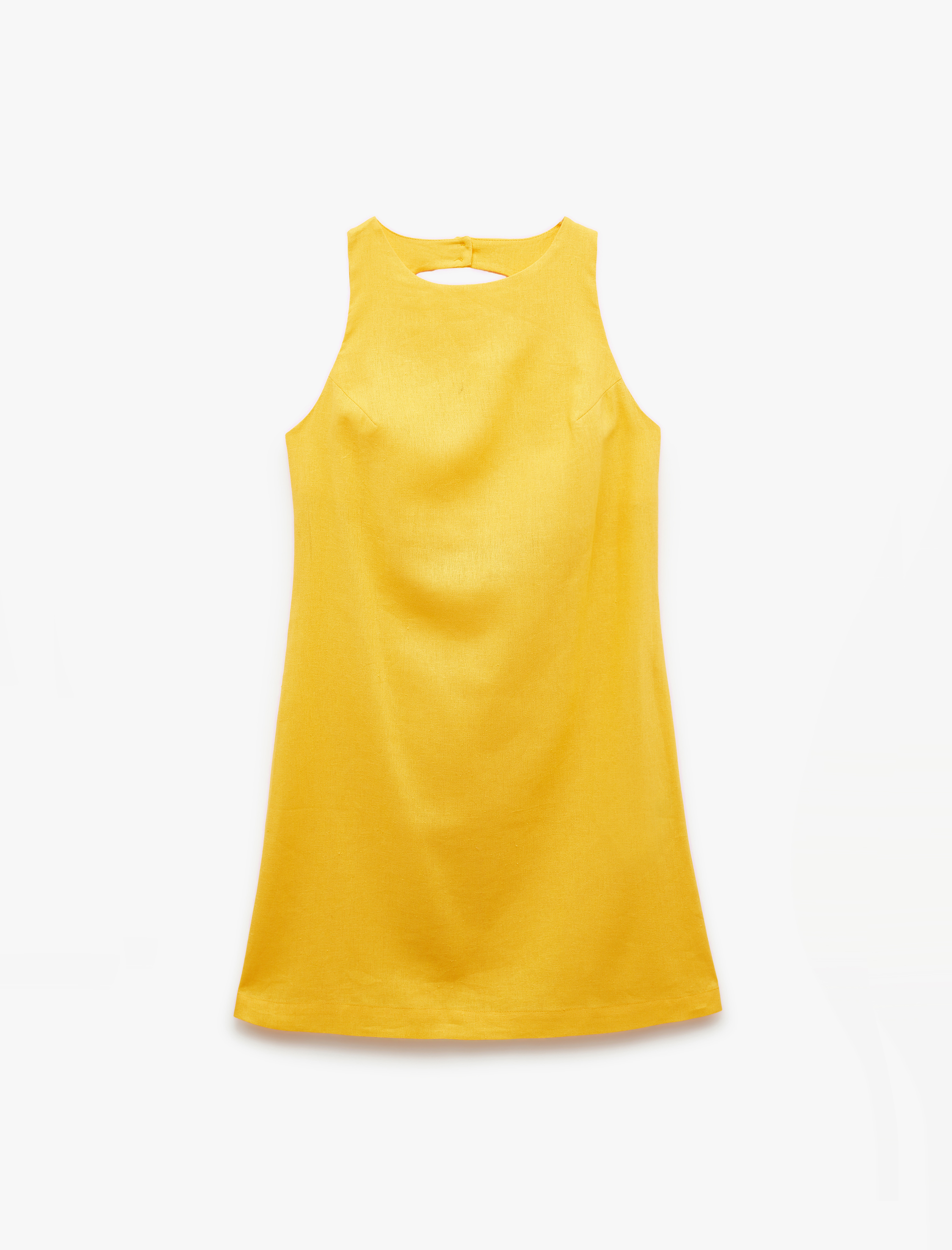 Arkası Pencere Detaylı Kolsuz Bisiklet Yaka A Kesim Mini Keten Elbise