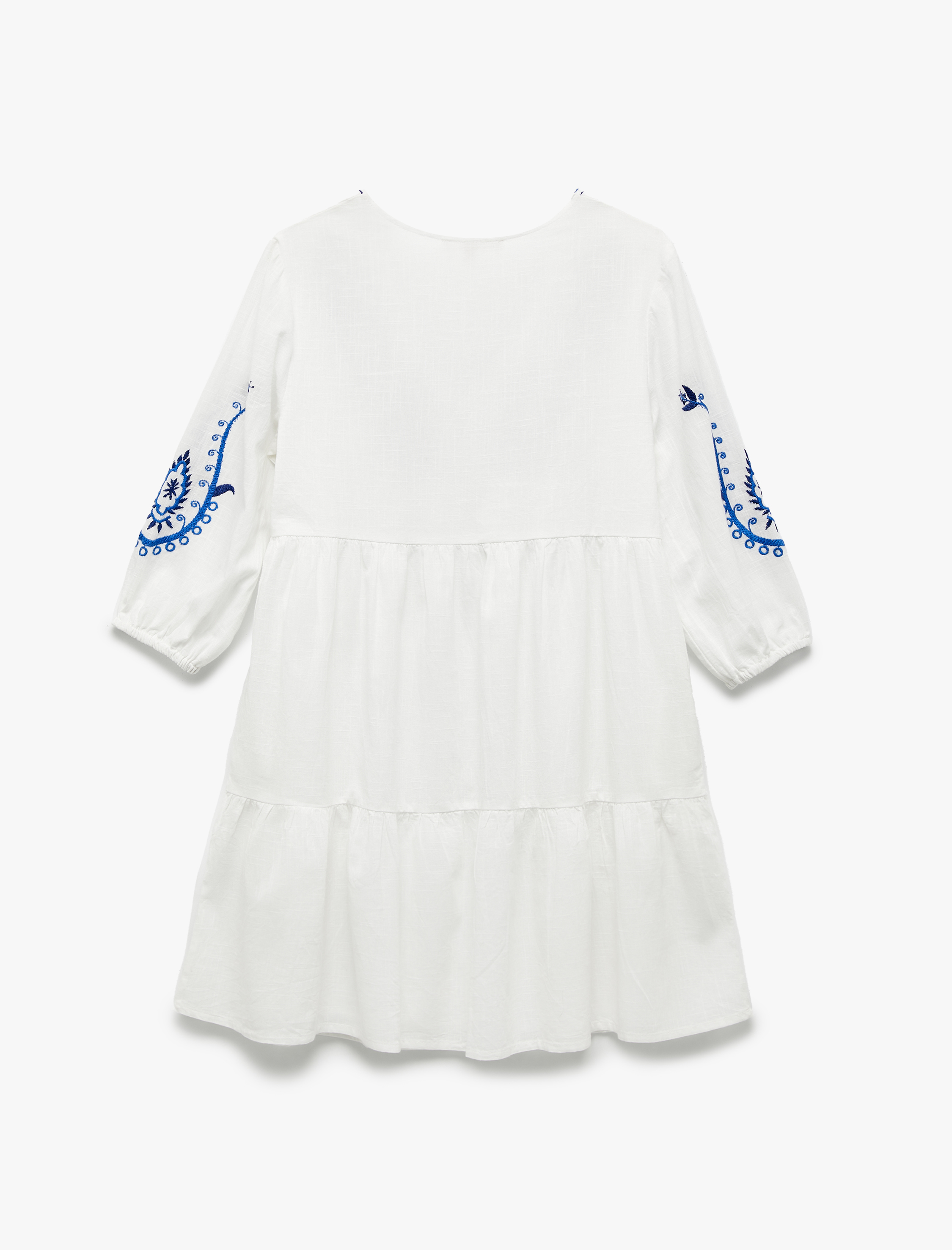   Pamuklu Bol Kalıp Astarlı Nakışlı Etnik Desenli Uzun Balon Kollu V Yaka Elbise