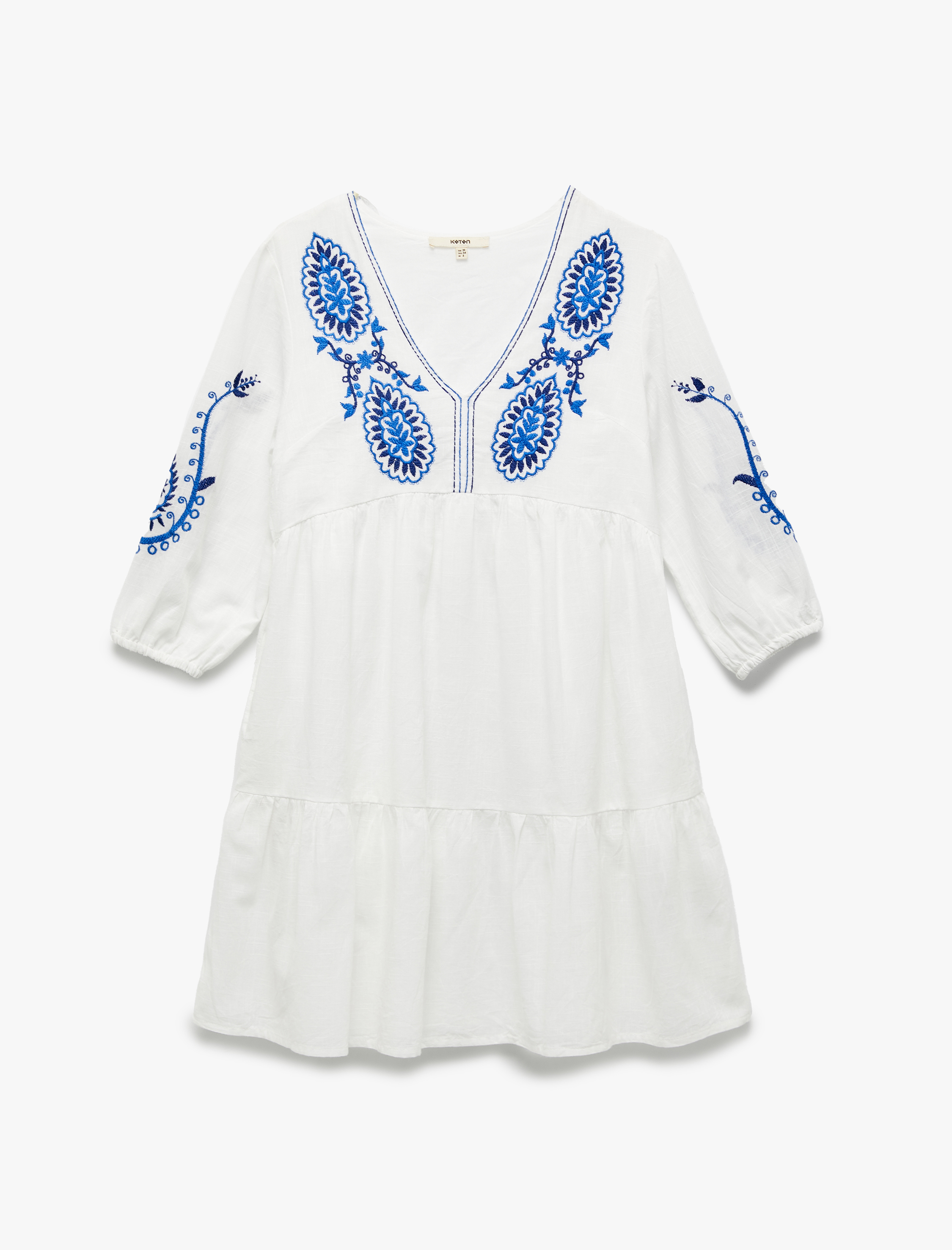   Pamuklu Bol Kalıp Astarlı Nakışlı Etnik Desenli Uzun Balon Kollu V Yaka Elbise