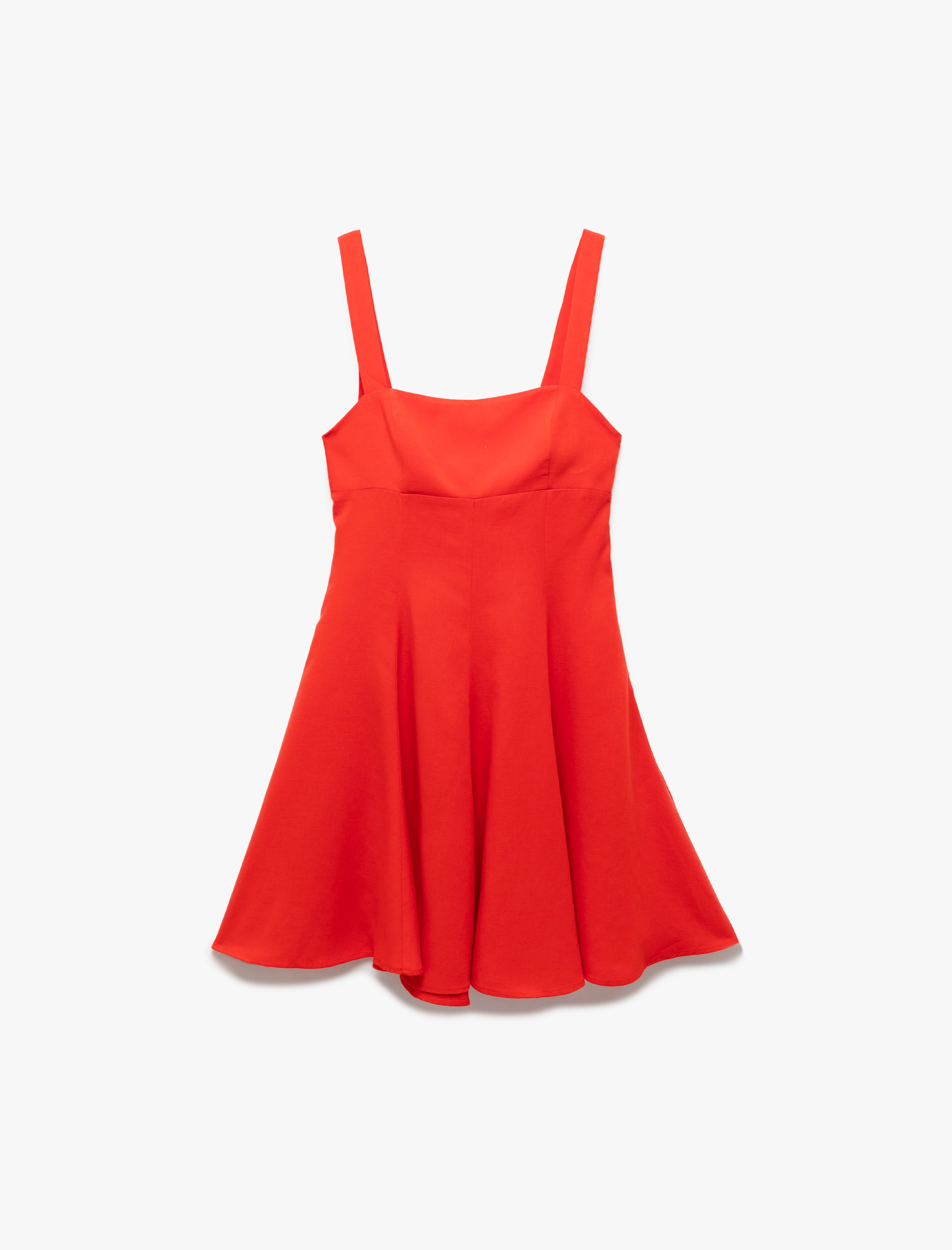   Viskon Keten Karışımlı Kare Yaka Kolsuz A Kesim Askılı Mini Elbise