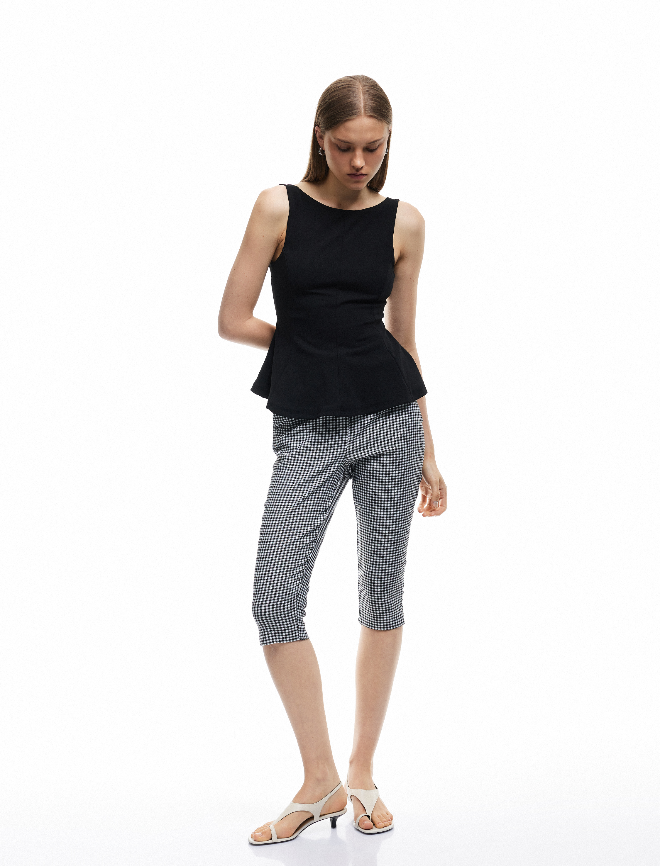   Viskon Kumaş Pötikareli Skinny Fit Cepli Kapri Pantolon