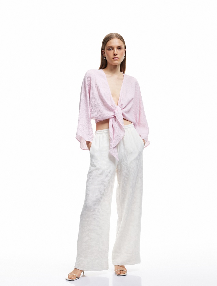  Bol Kalıp Yarasa Kol Kruvaze Önden Bağlamalı Kısa Bluz