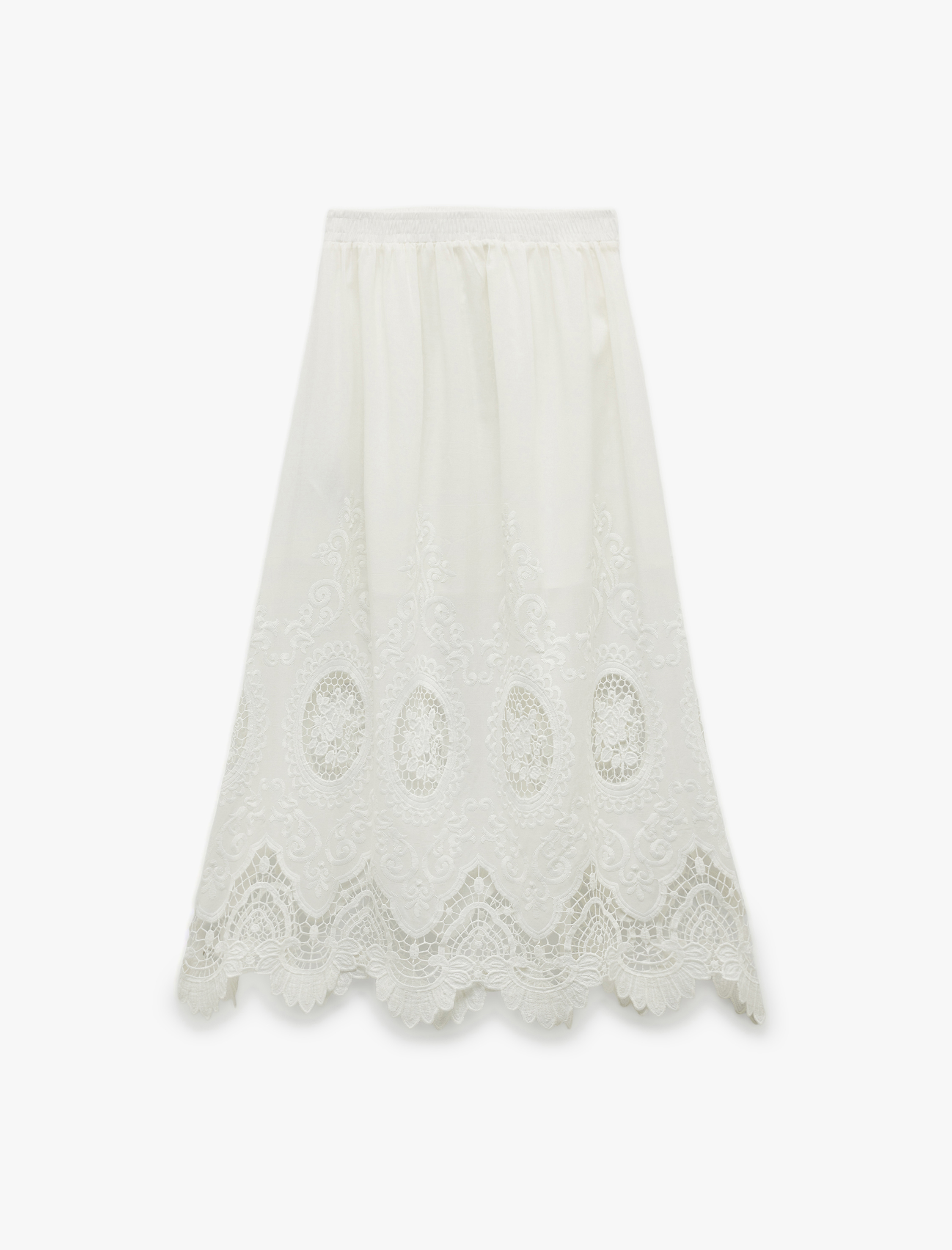   Pamuklu Astarlı Brode Detaylı Fistolu Midi Kloş Etek