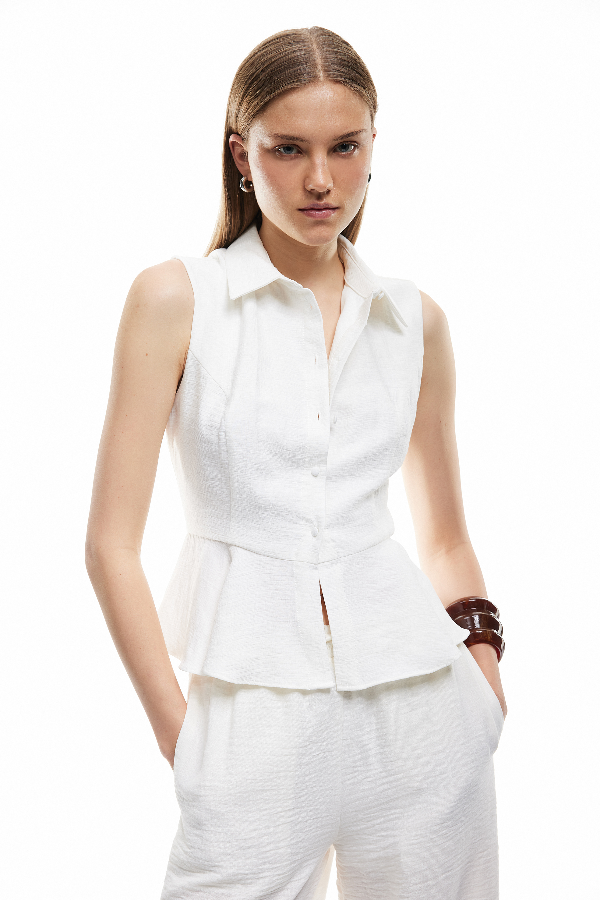 Viskon Kumaş Astarlı Kolsuz Peplum Gömlek