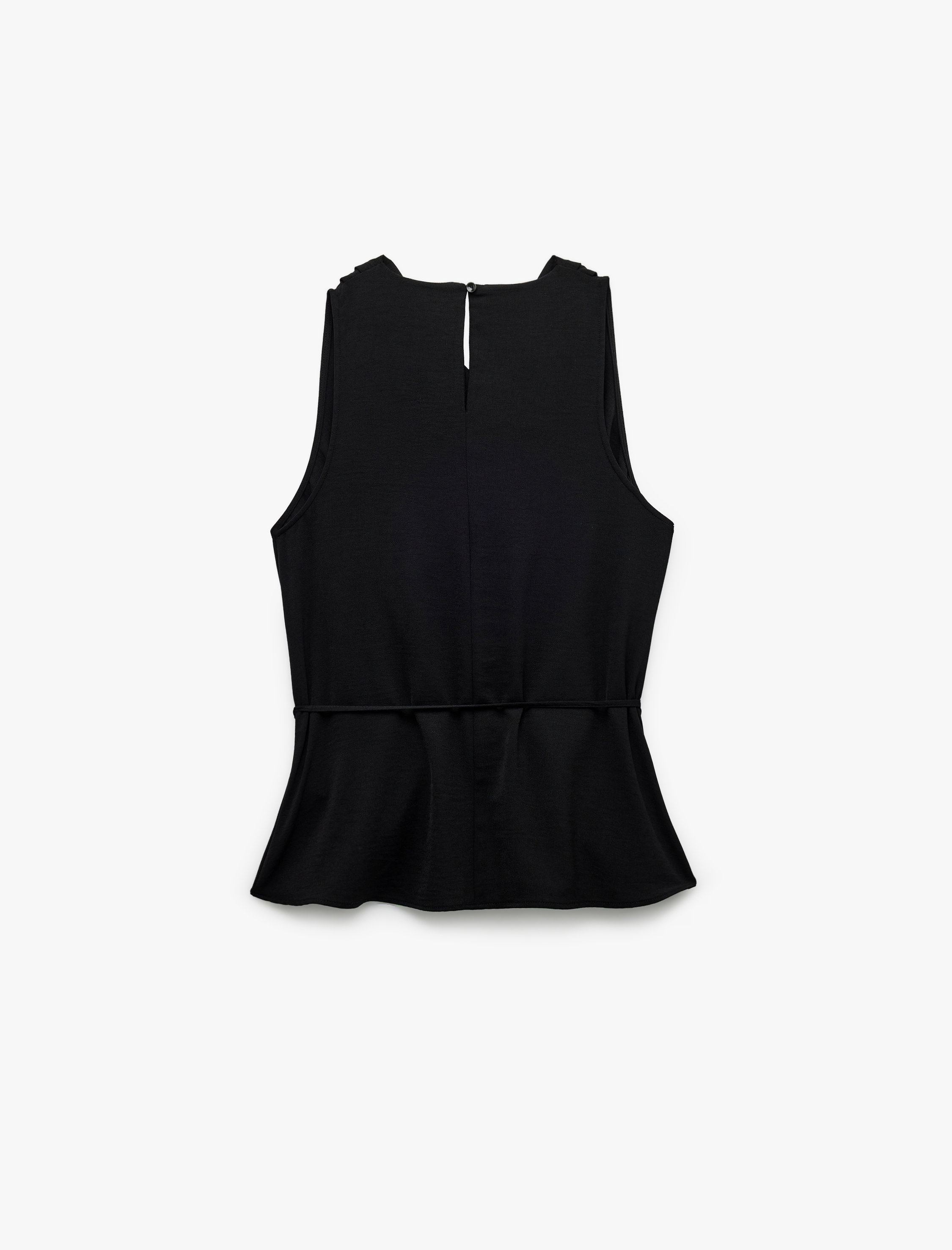   Aerobin Kumaş Belden Bağlama Detaylı Degaje Yaka Kolsuz Bluz