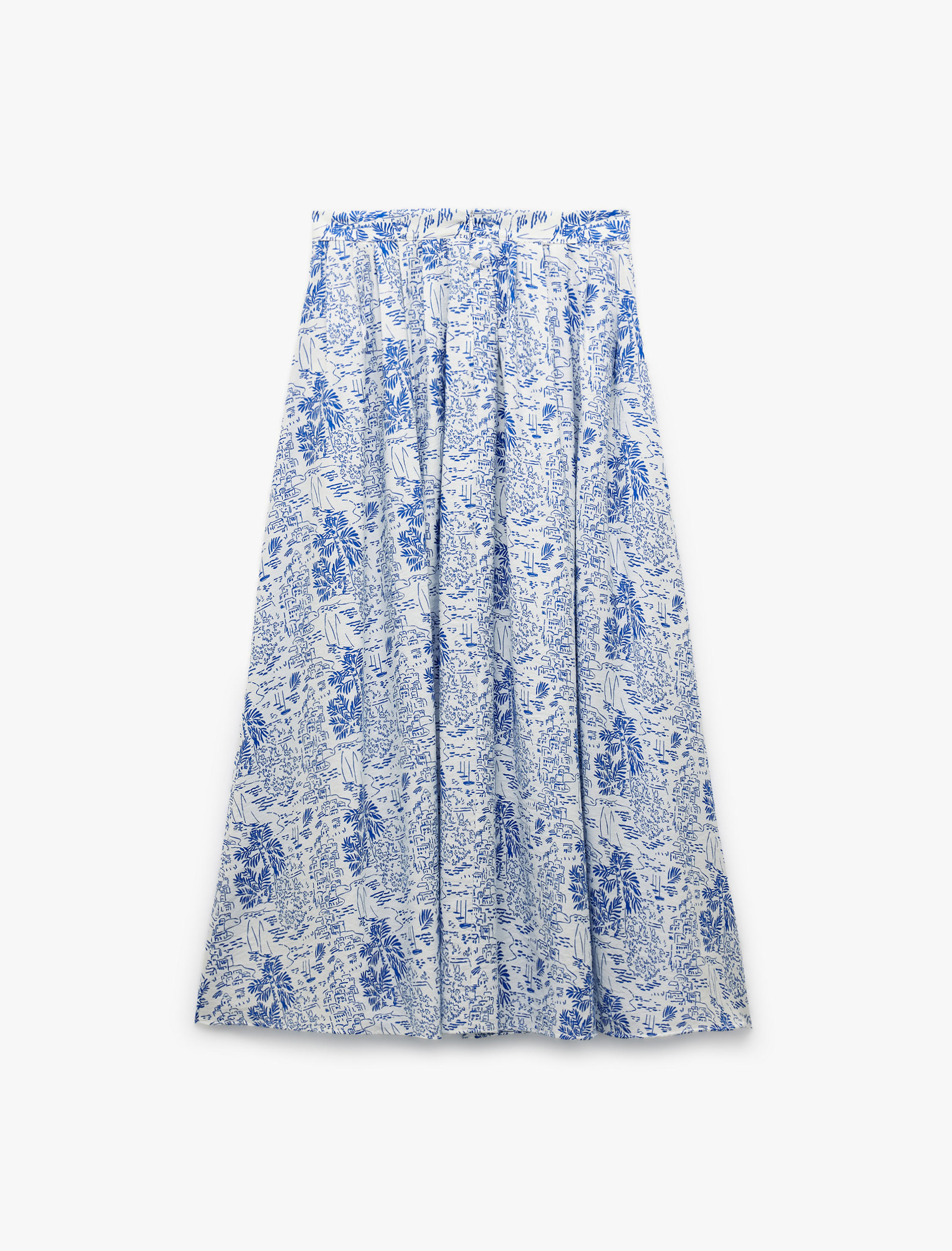   Viskon Kumaş Yırtmaçlı Manzara Temalı Baskılı Pileli Midi Kloş Etek