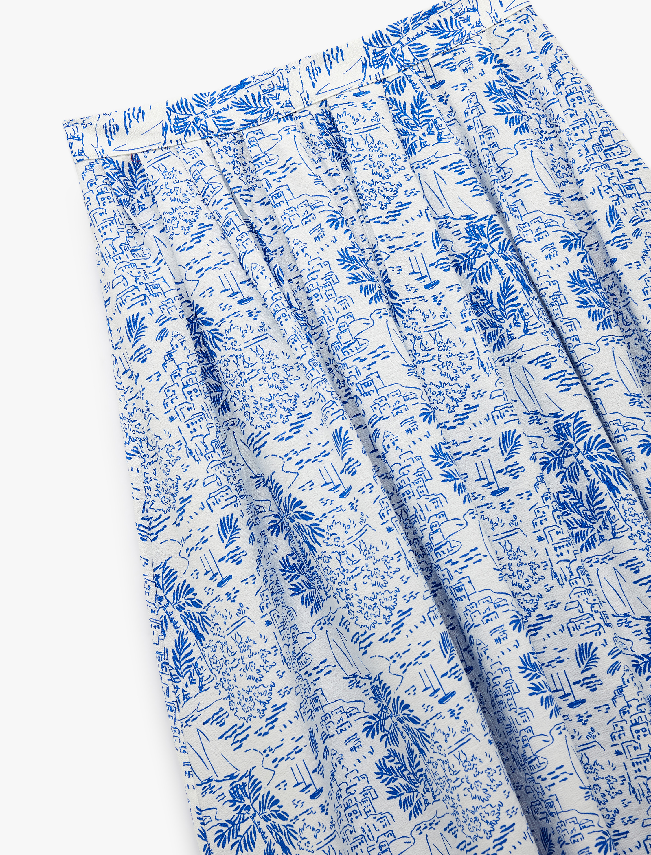   Viskon Kumaş Yırtmaçlı Manzara Temalı Baskılı Pileli Midi Kloş Etek