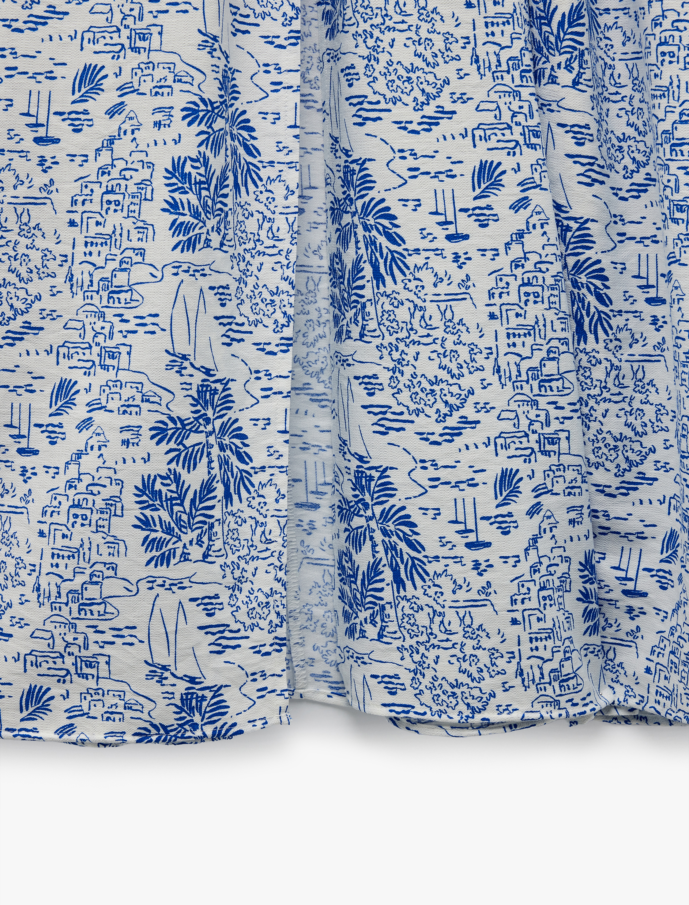   Viskon Kumaş Yırtmaçlı Manzara Temalı Baskılı Pileli Midi Kloş Etek