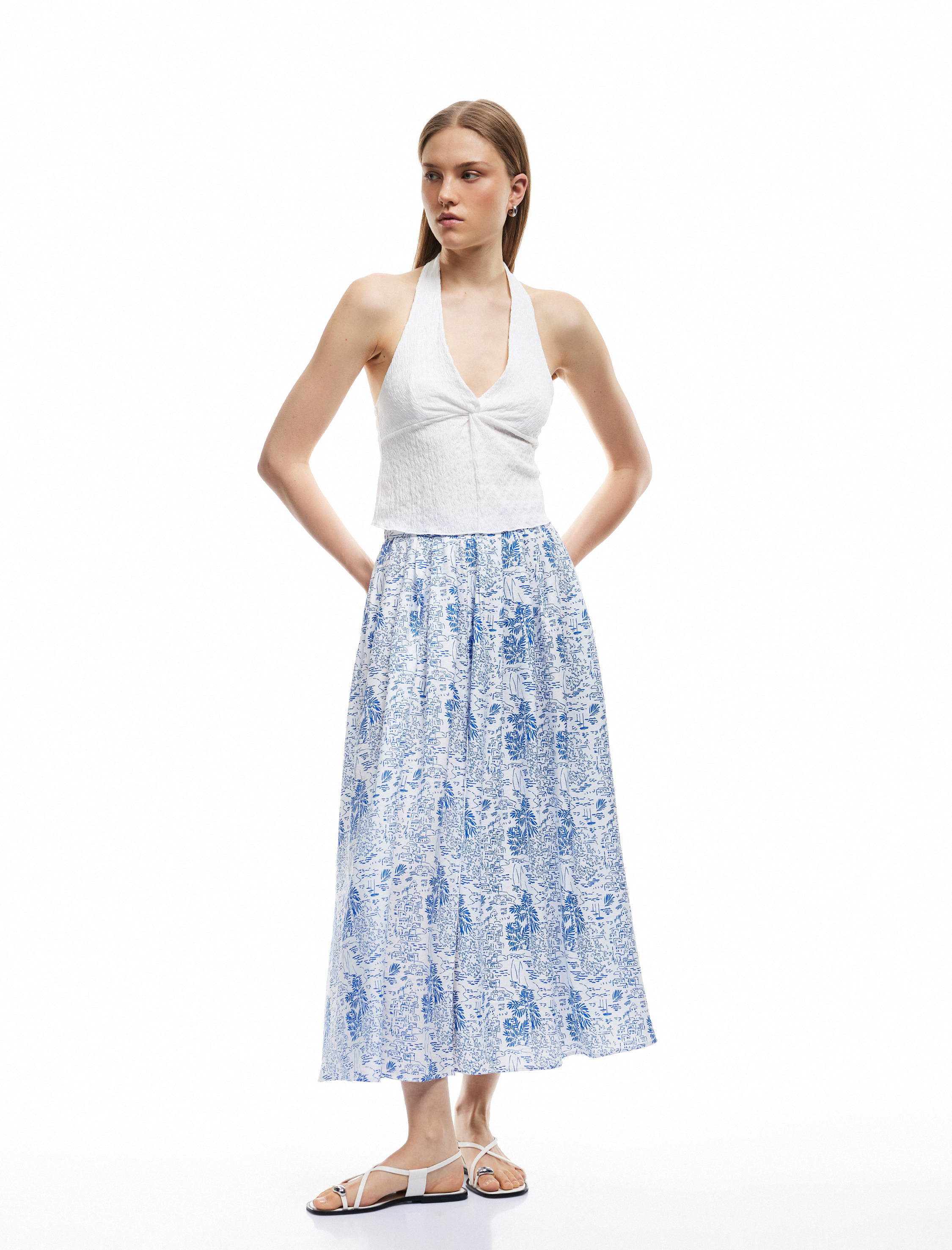   Viskon Kumaş Yırtmaçlı Manzara Temalı Baskılı Pileli Midi Kloş Etek