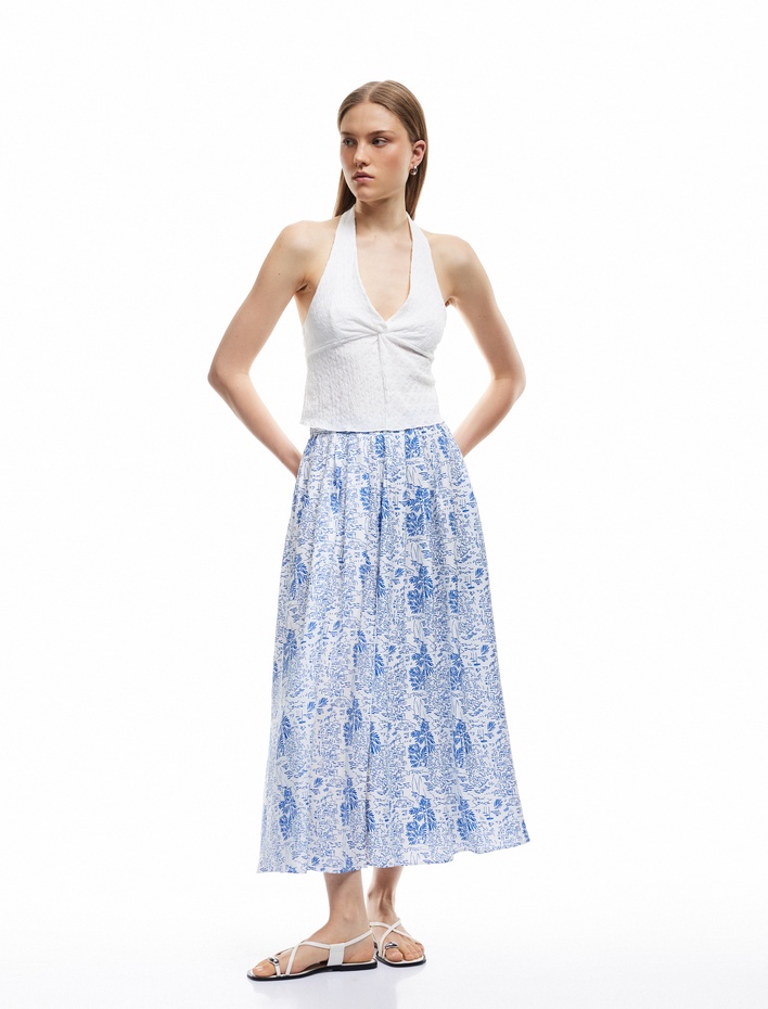  Viskon Kumaş Yırtmaçlı Manzara Temalı Baskılı Pileli Midi Kloş Etek