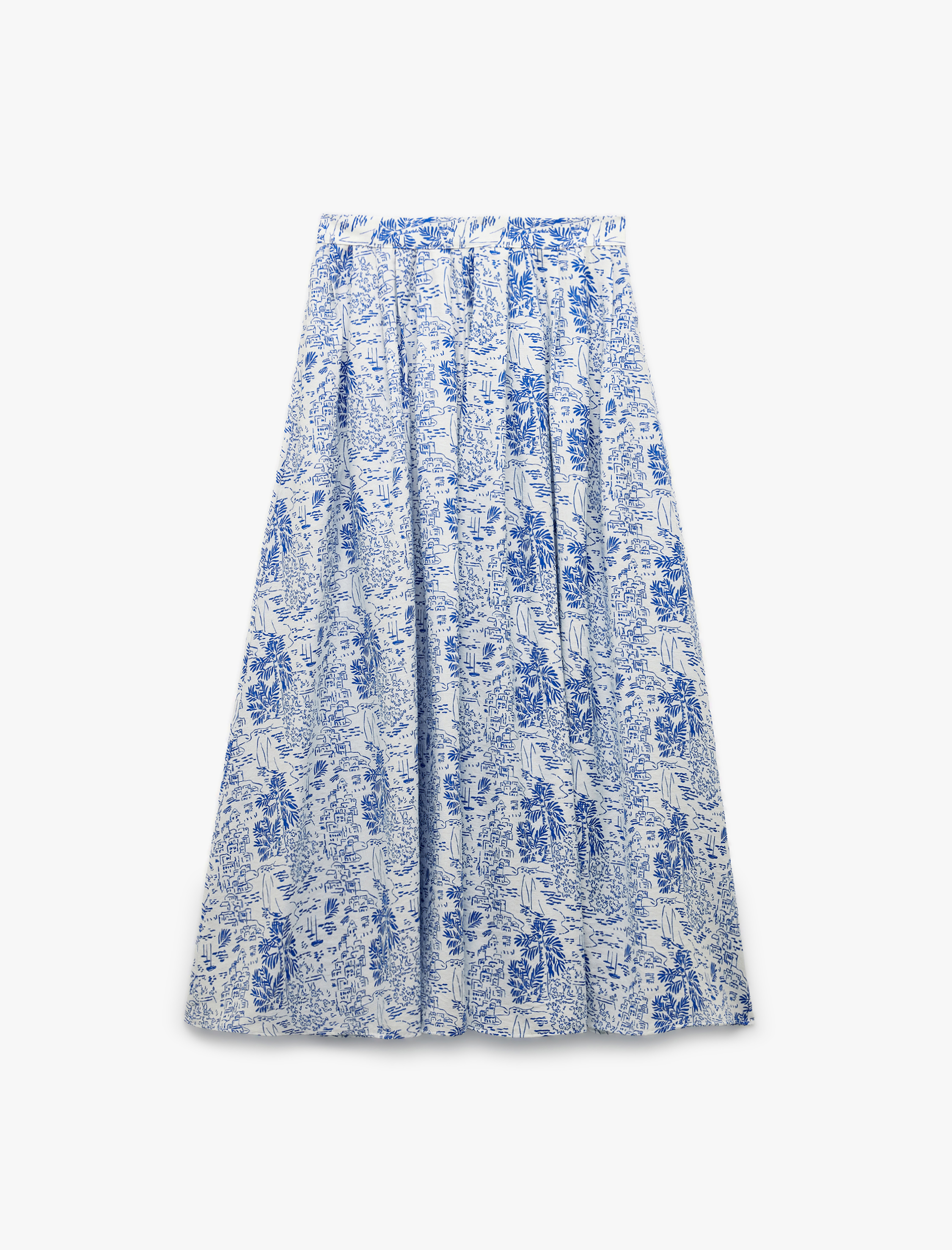   Viskon Kumaş Yırtmaçlı Manzara Temalı Baskılı Pileli Midi Kloş Etek