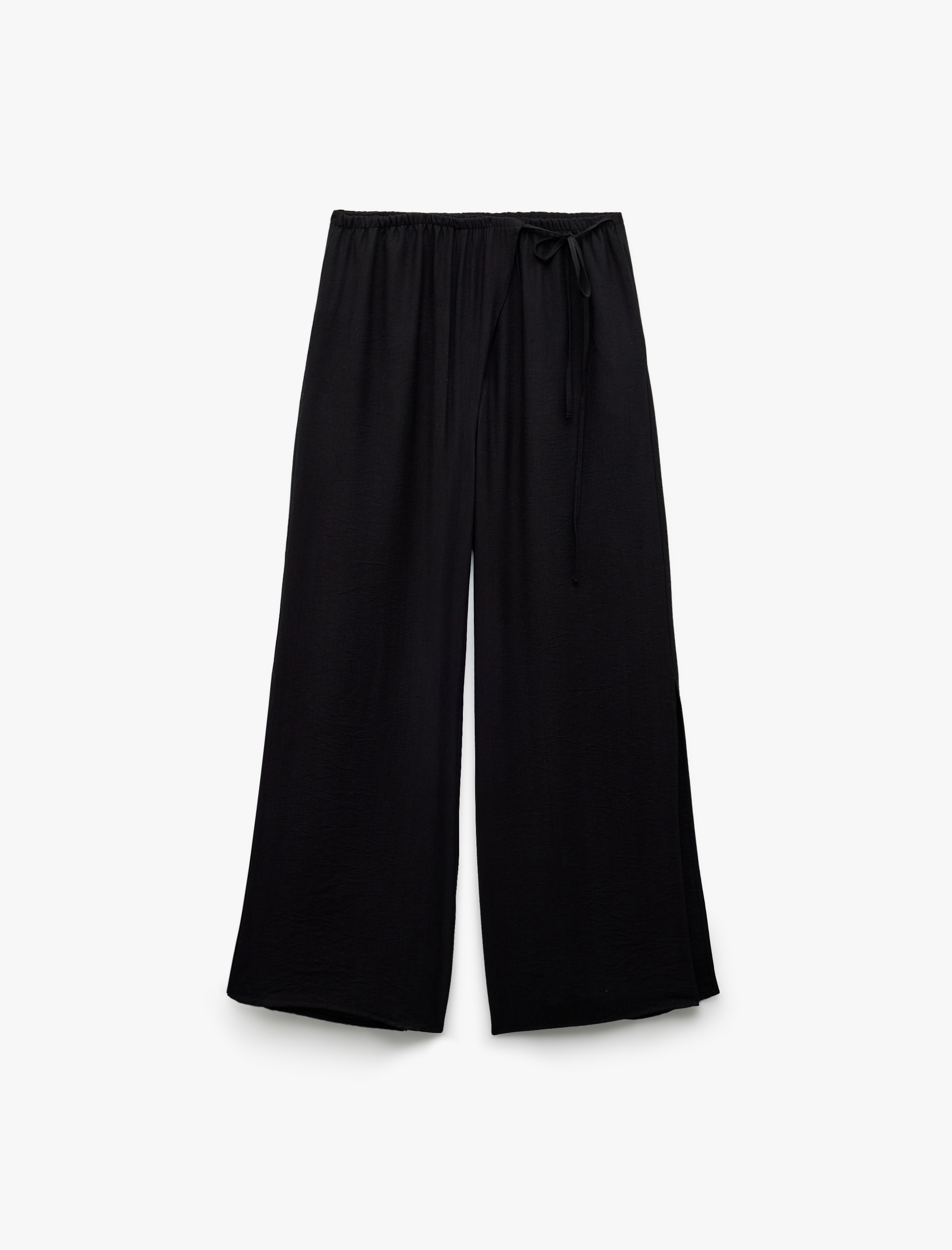   Viskon Kumaş Rahat Kalıp Yırtmaç Detaylı Beli Bağcıklı Cepli Kruvaze Oversize Pantolon