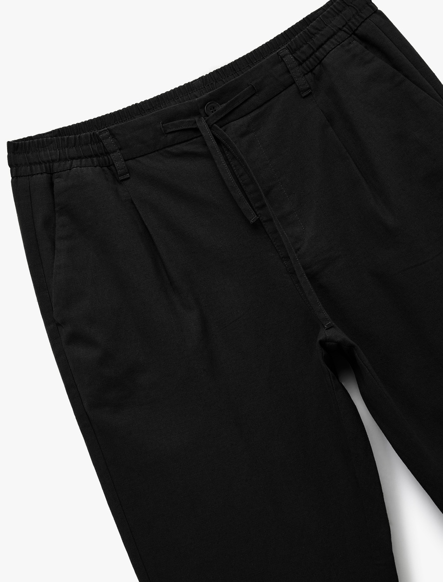   Beli Bağcıklı Cep Detaylı Düğmeli Pileli Keten Pamuk Karışımlı Chino Pantolon