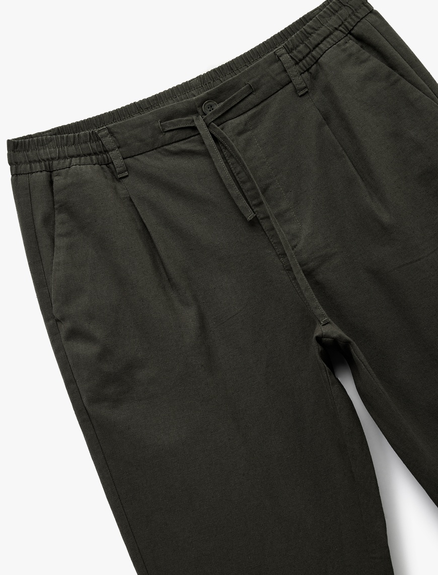   Beli Bağcıklı Cep Detaylı Düğmeli Pileli Keten Pamuk Karışımlı Chino Pantolon