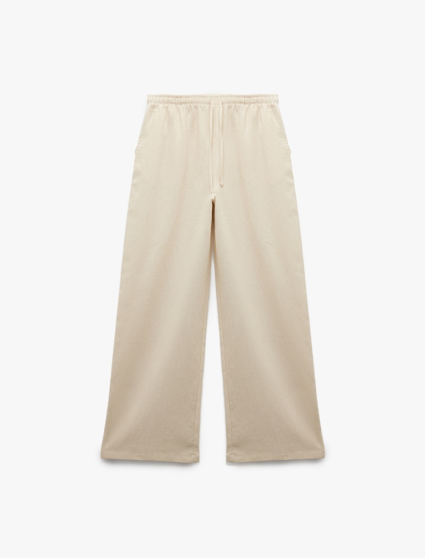   Beli Bağcıklı Geniş Paça Keten Karışımlı Pantolon