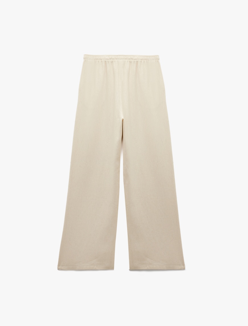   Beli Bağcıklı Geniş Paça Keten Karışımlı Pantolon