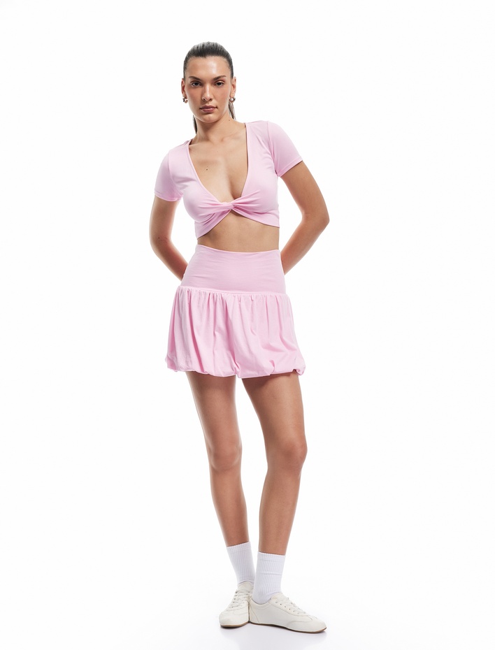  V Yaka Büzgü Detaylı Modal Karışımlı Crop Spor Tişört