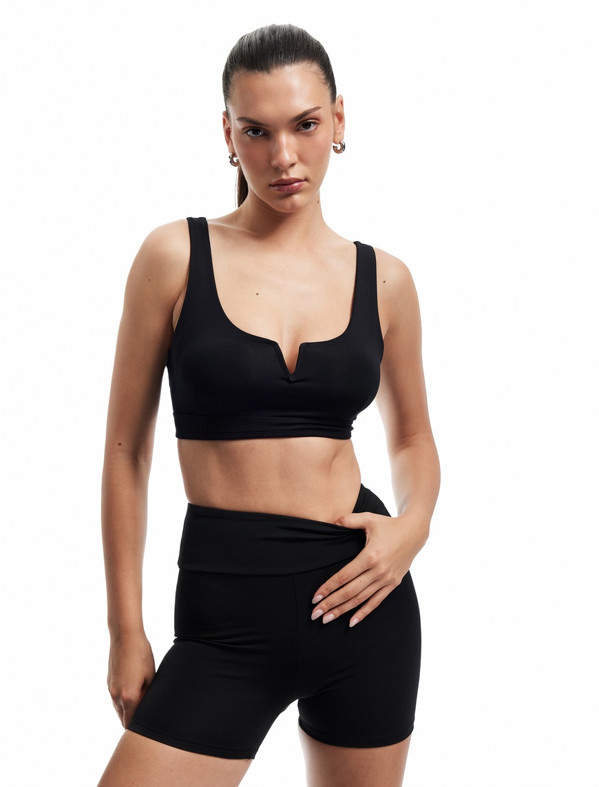   V Yaka Kolsuz Slim Fit Kaplı İnterlok Sporcu Sütyeni